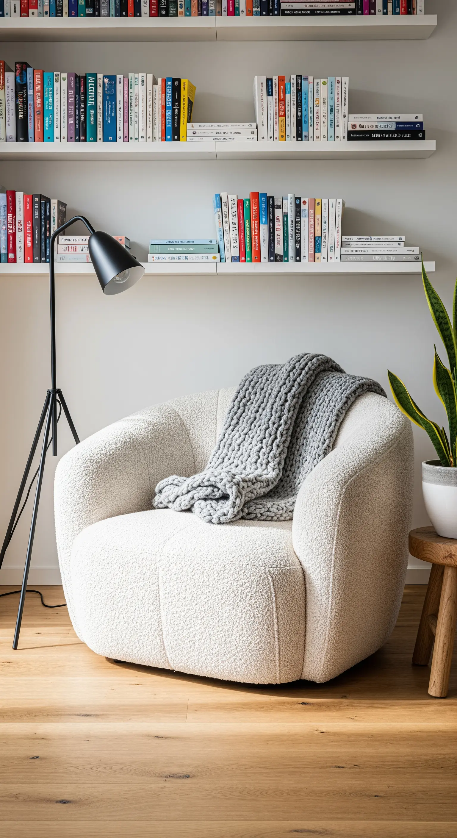 Poltrona bouclé color crema con lampada da terra nera e mensole bianche a parete.