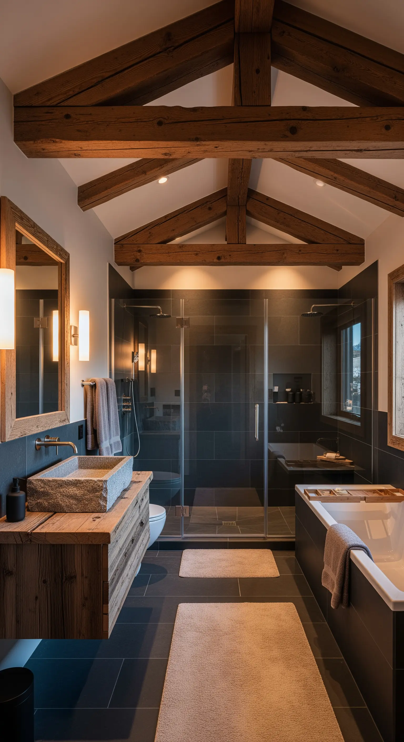 Bagno rustico con travi a vista, pareti in ardesia e lavabo in pietra grezza.