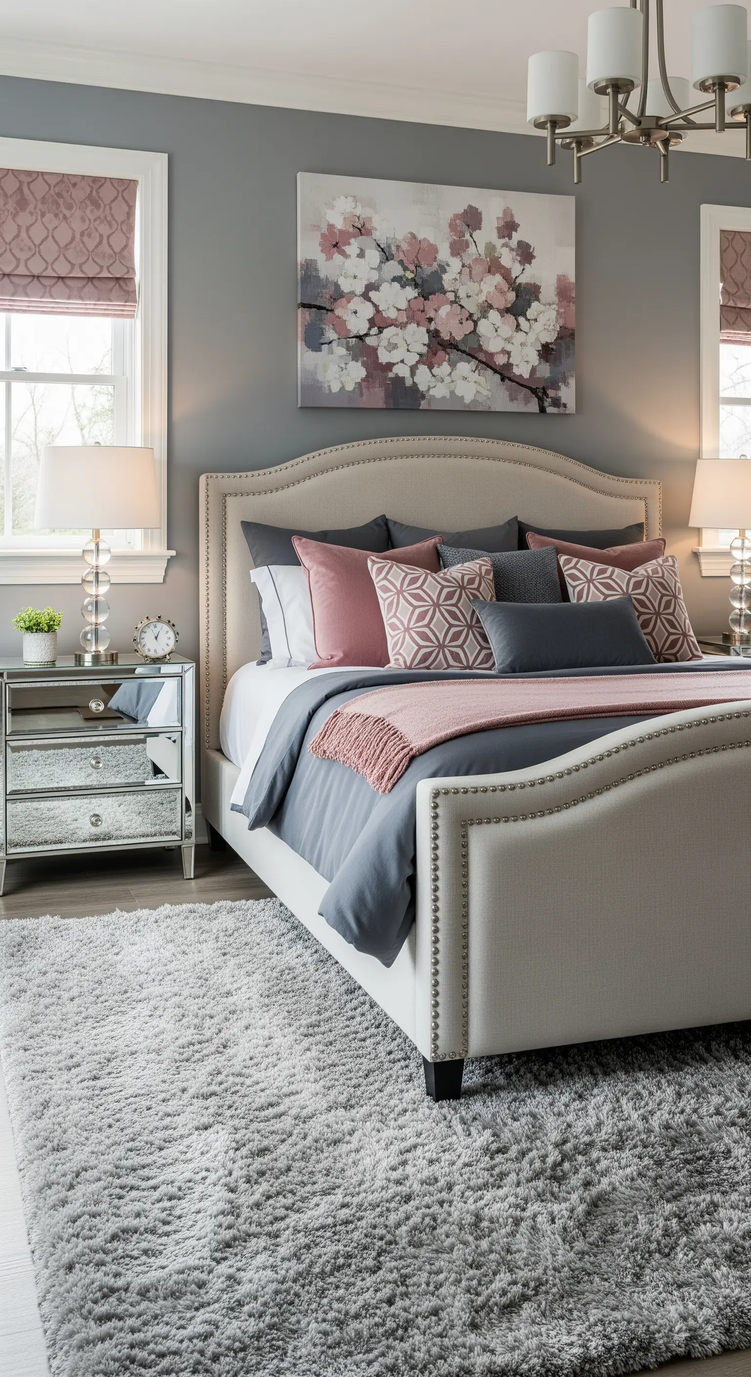 Camera da letto grigia e rosa con letto imbottito, comodini a specchio e tappeto shaggy grigio.