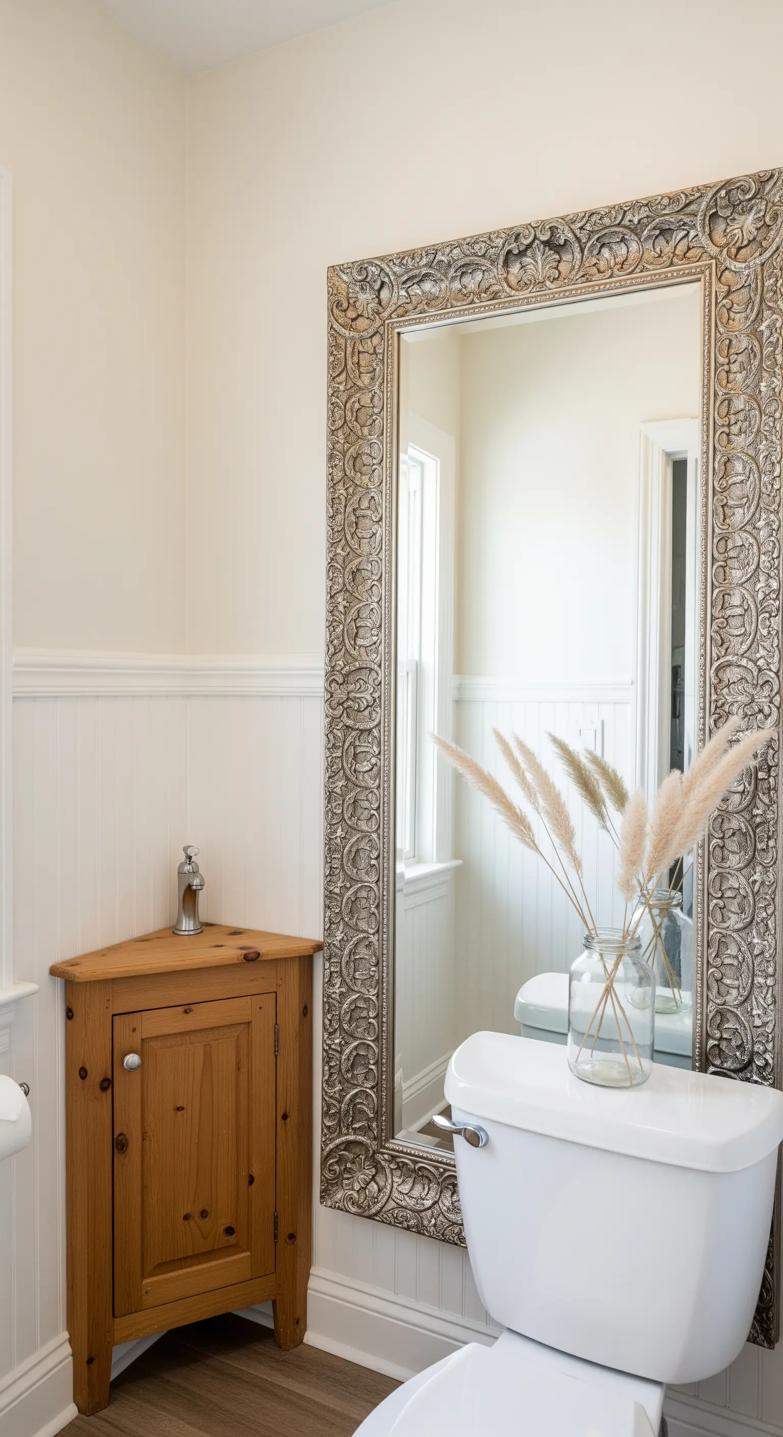 Mobile angolare in pino naturale abbinato a un grande specchio con cornice argentata barocca.