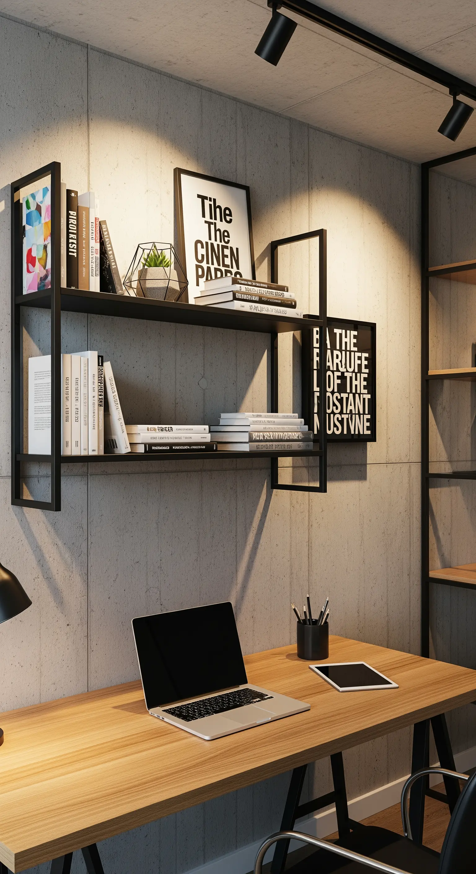 Scrivania in legno con mensole nere a muro su parete effetto cemento.