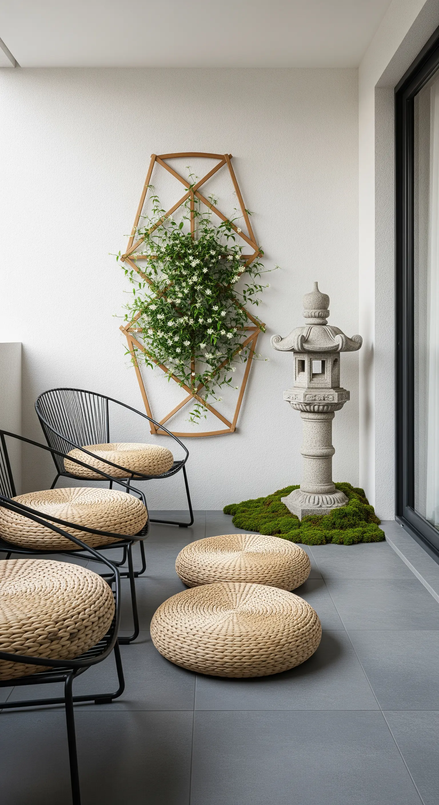 Balcone moderno con sedie nere, pouf intrecciati e una lanterna giapponese in pietra.