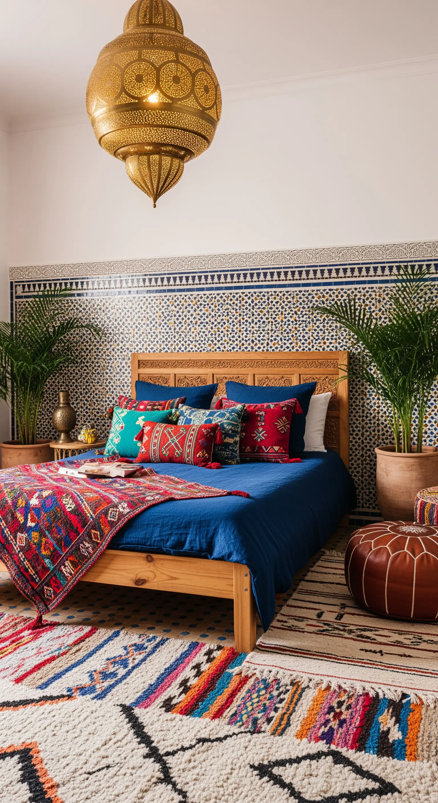 Camera da letto marocchina con parete a mosaico, tappeti berberi e lanterna in ottone.