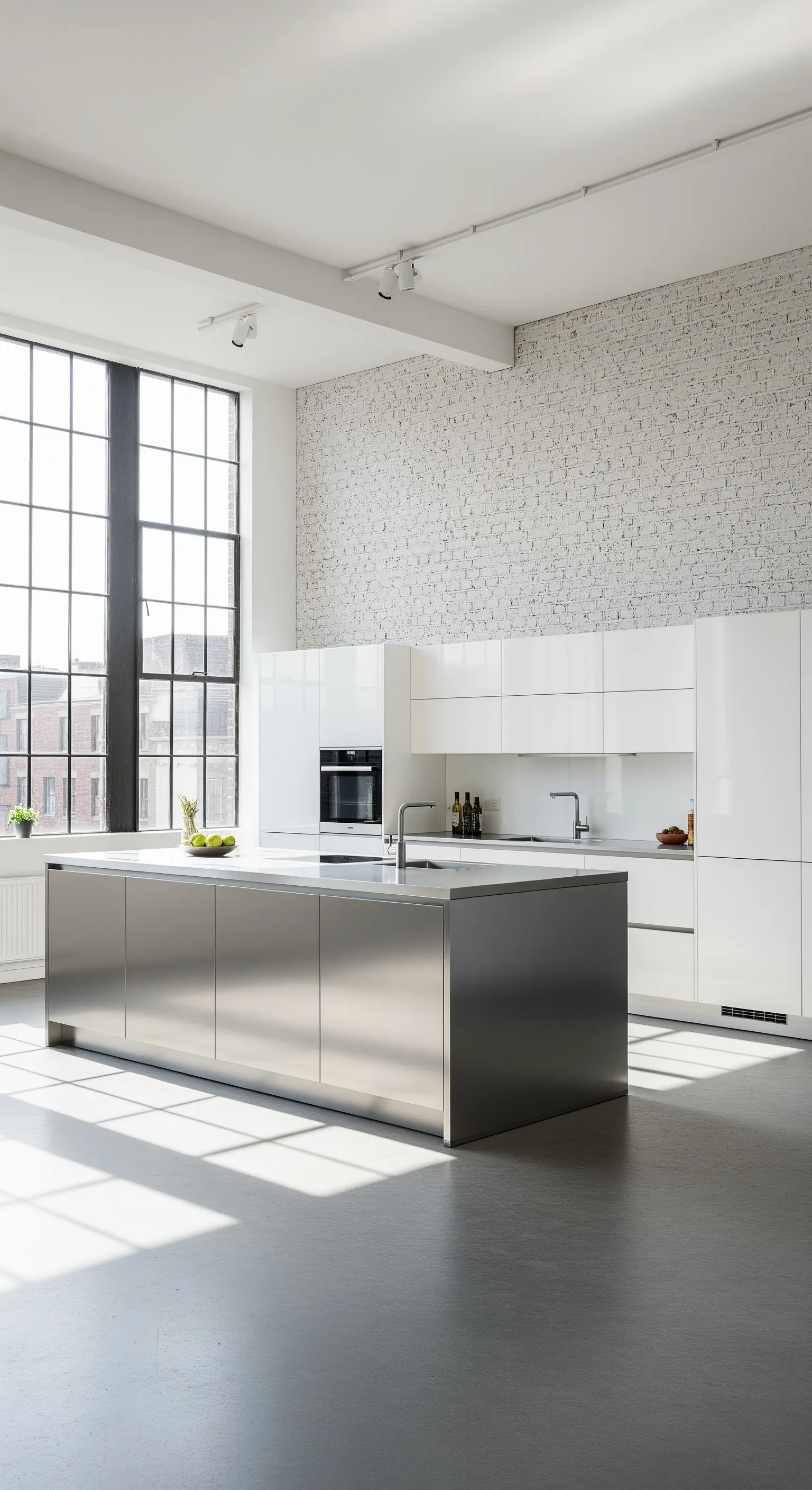 Cucina in stile loft con isola in acciaio, mobili bianchi lucidi e parete di mattoni.