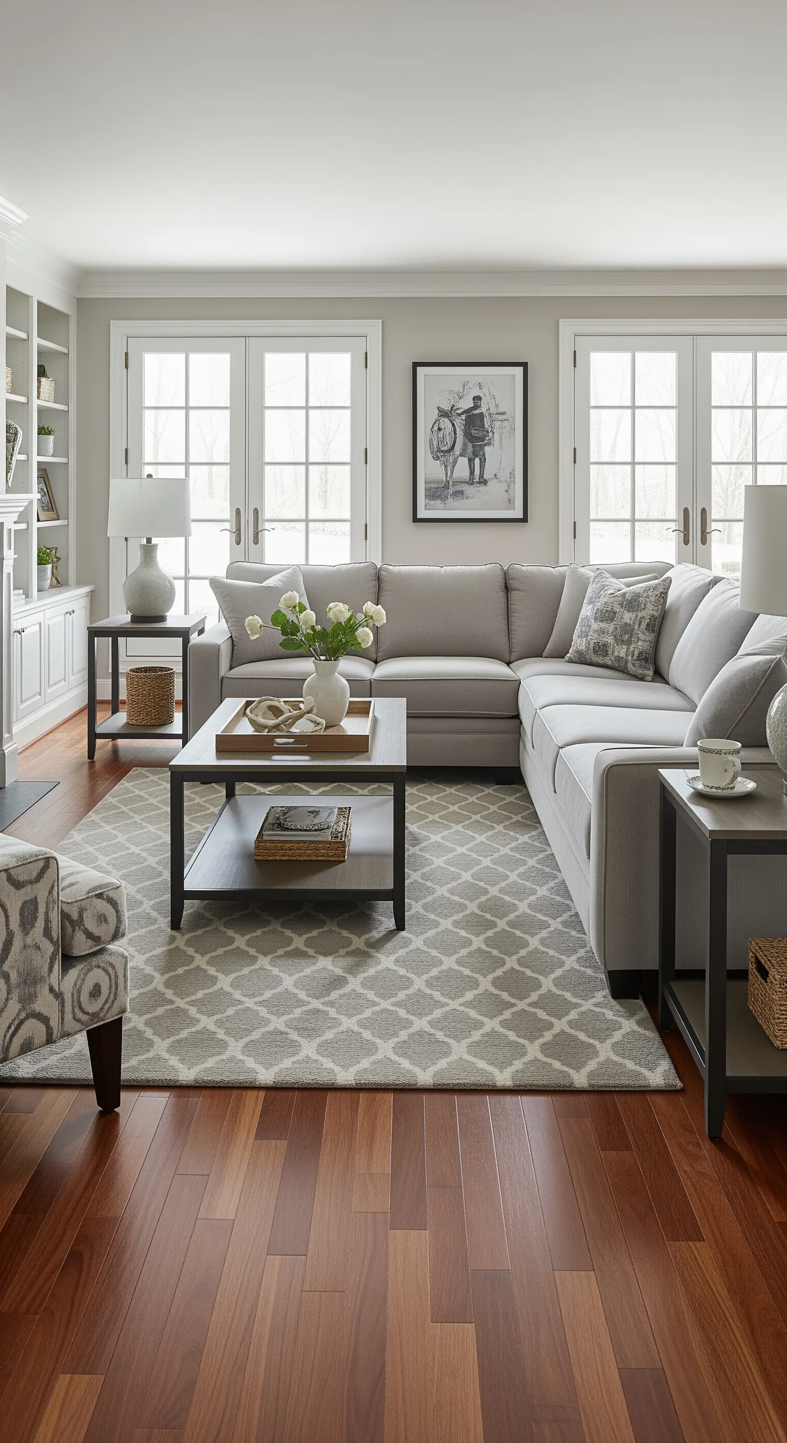 Soggiorno luminoso con pavimento in legno, divano angolare grigio e tappeto con motivo marocchino