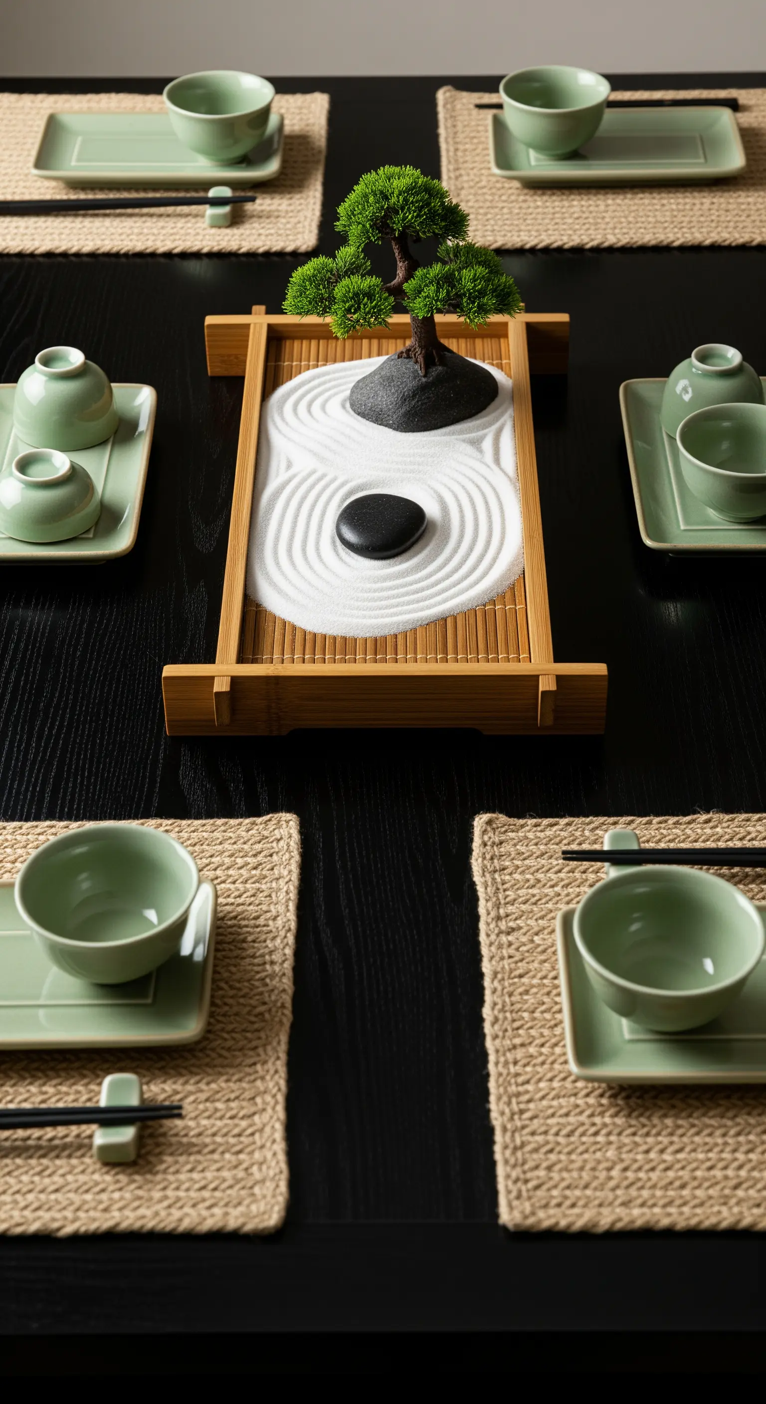 Tavola in stile zen con centrotavola a forma di giardino di sabbia e bonsai.