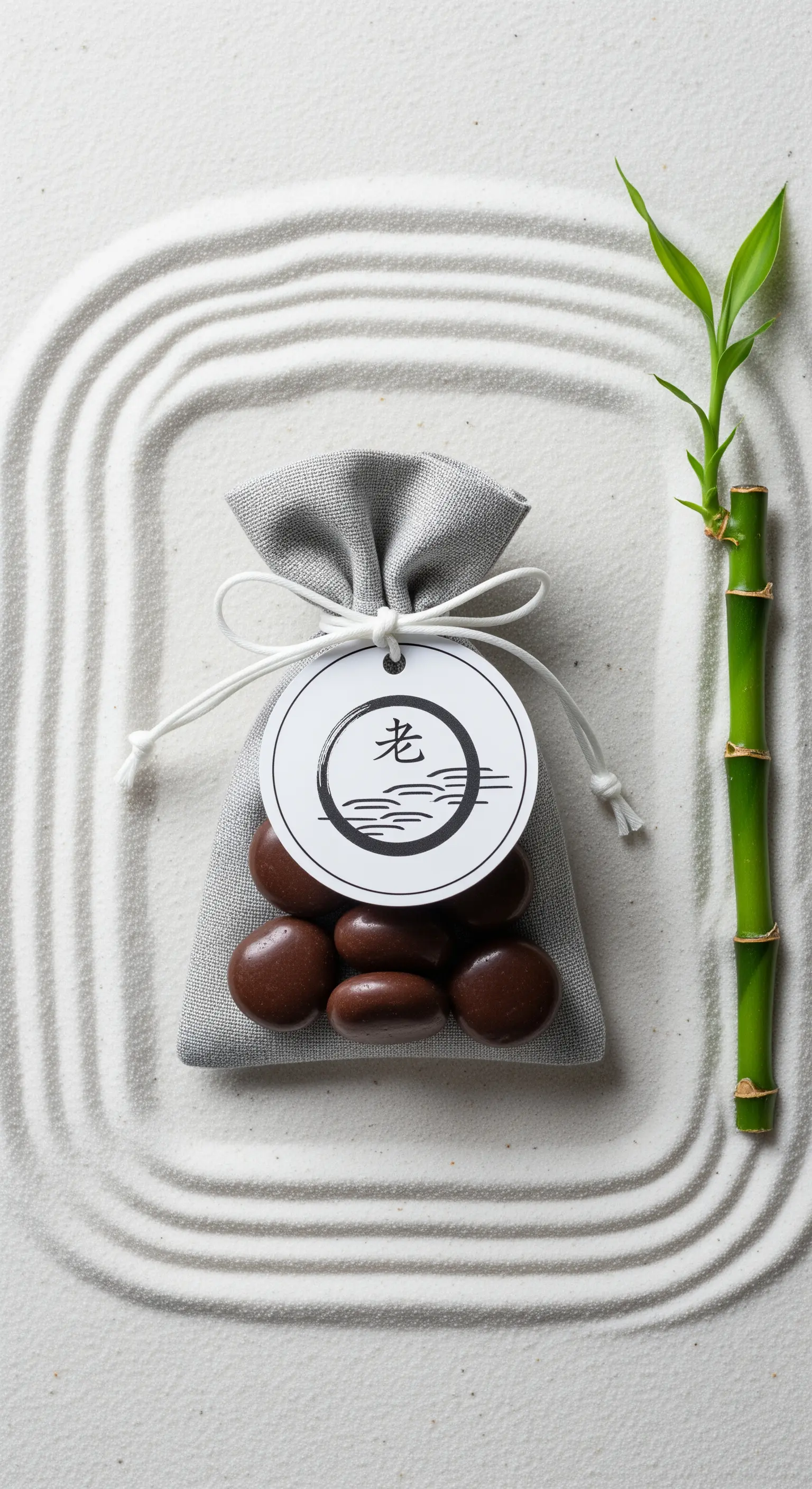 Sacchetto di lino grigio con cioccolatini a forma di sassi, su un fondo di sabbia rastrellata.