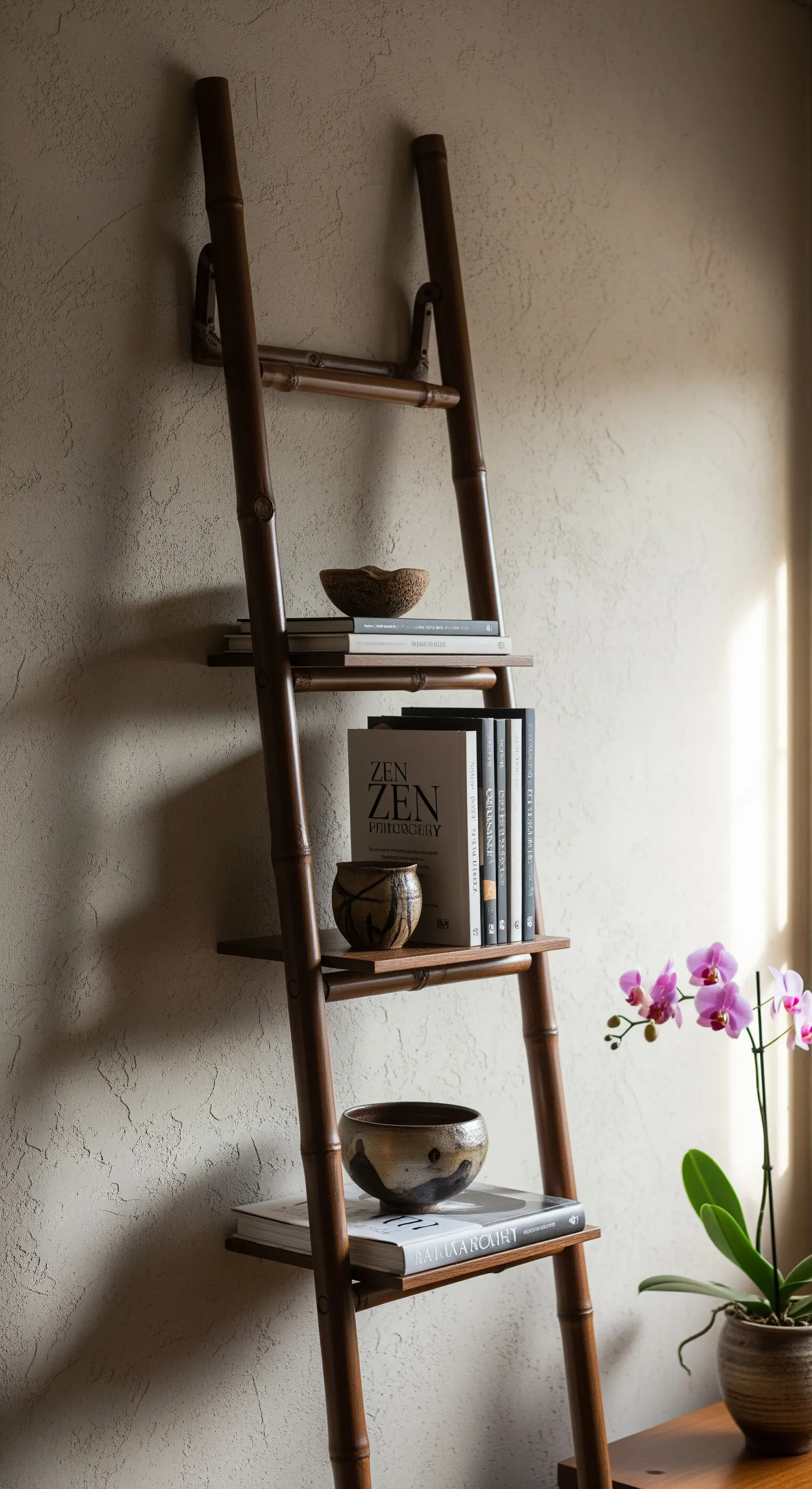 Scala-libreria in bambù scuro con ceramiche artigianali e libri a tema zen.