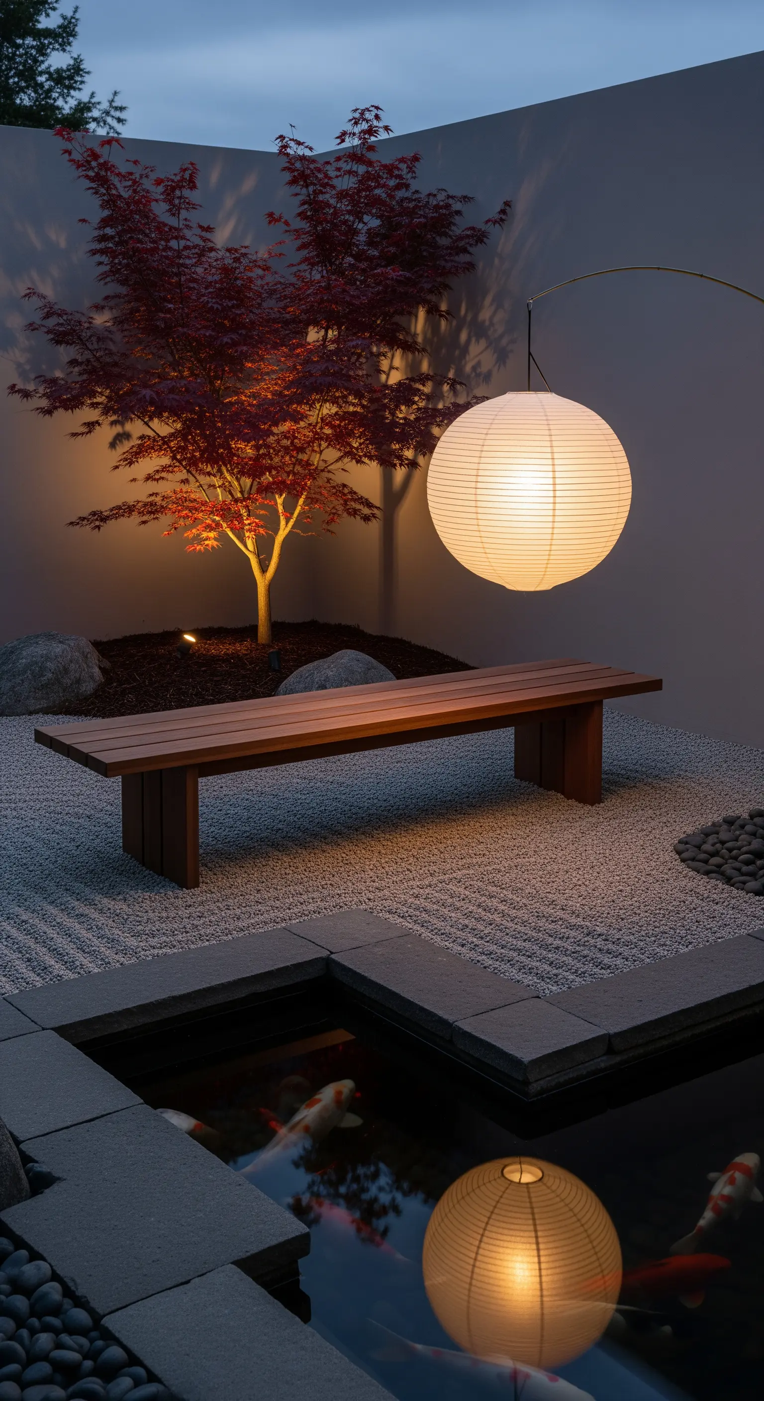 Giardino zen con panca in legno, laghetto koi e una grande lanterna di carta sferica.