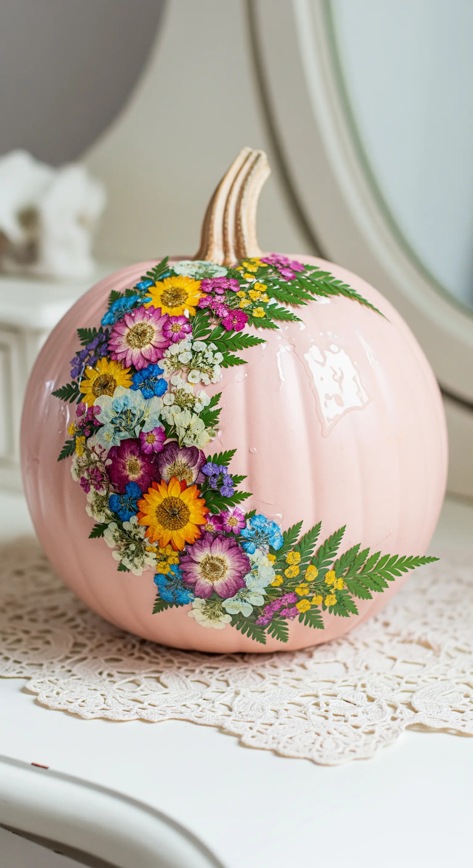 Zucca rosa pallido decorata con una mezzaluna di veri fiori pressati e colorati.