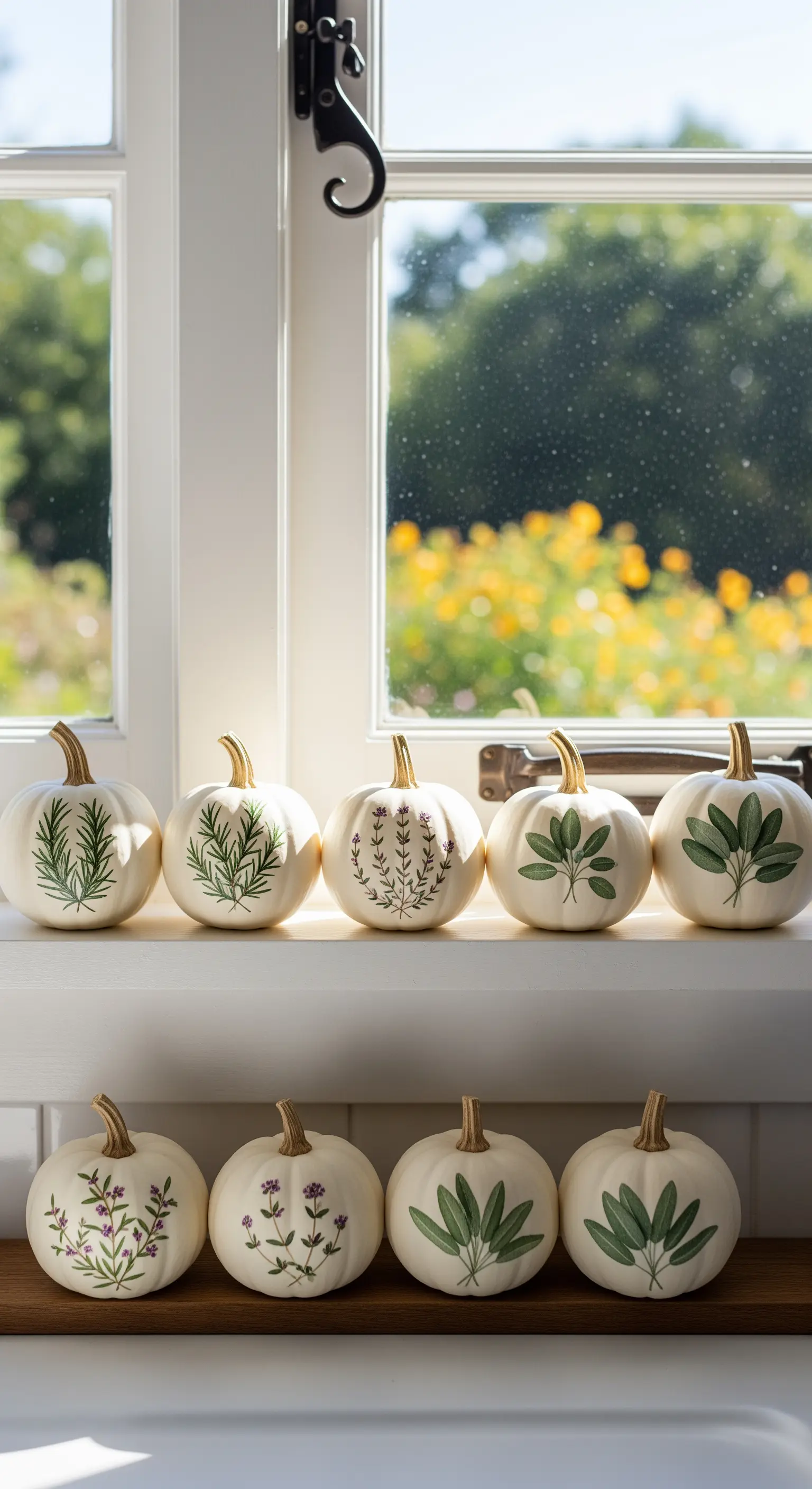 Fila di piccole zucche bianche allineate sul davanzale, ognuna dipinta con un'erba aromatica diversa.