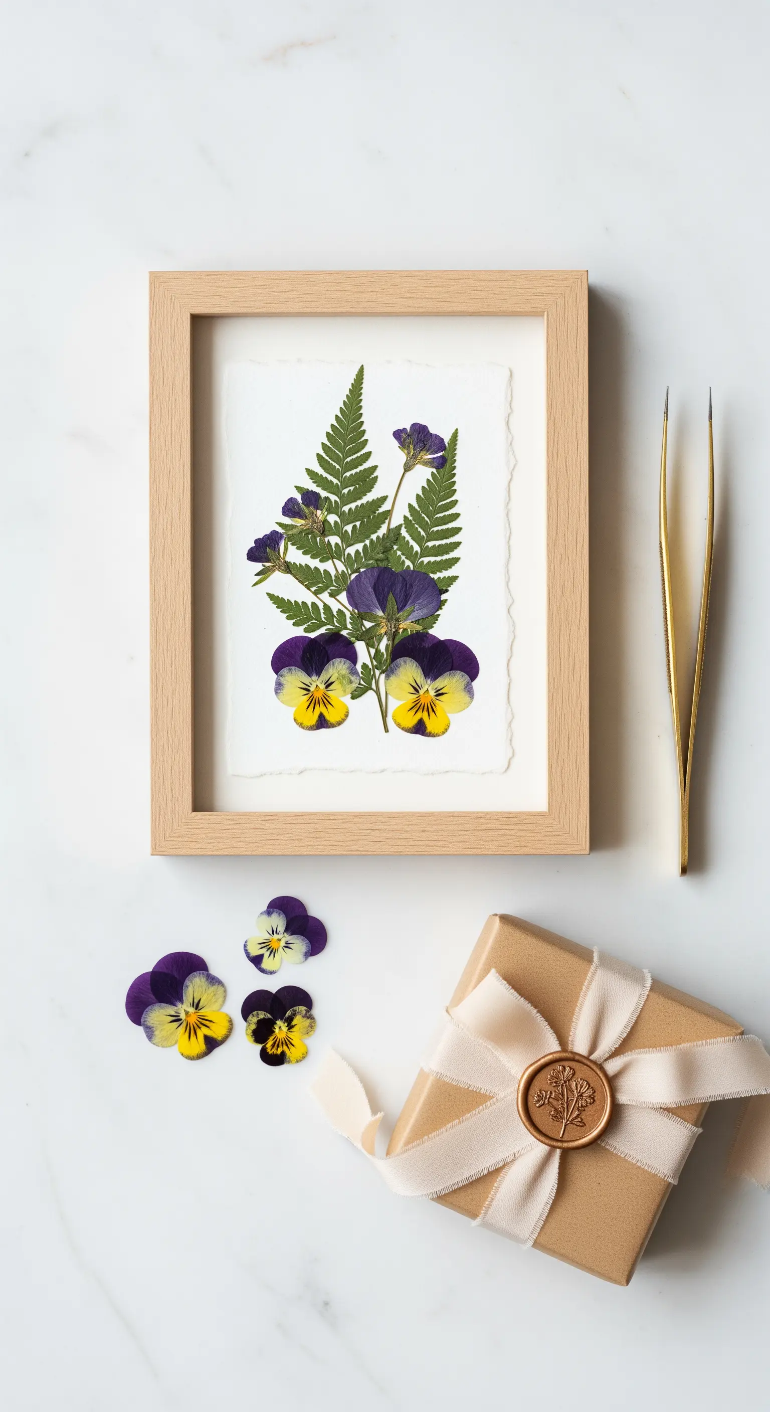 Composizione di fiori pressati, come viole del pensiero e felci, in una cornice di legno chiaro.