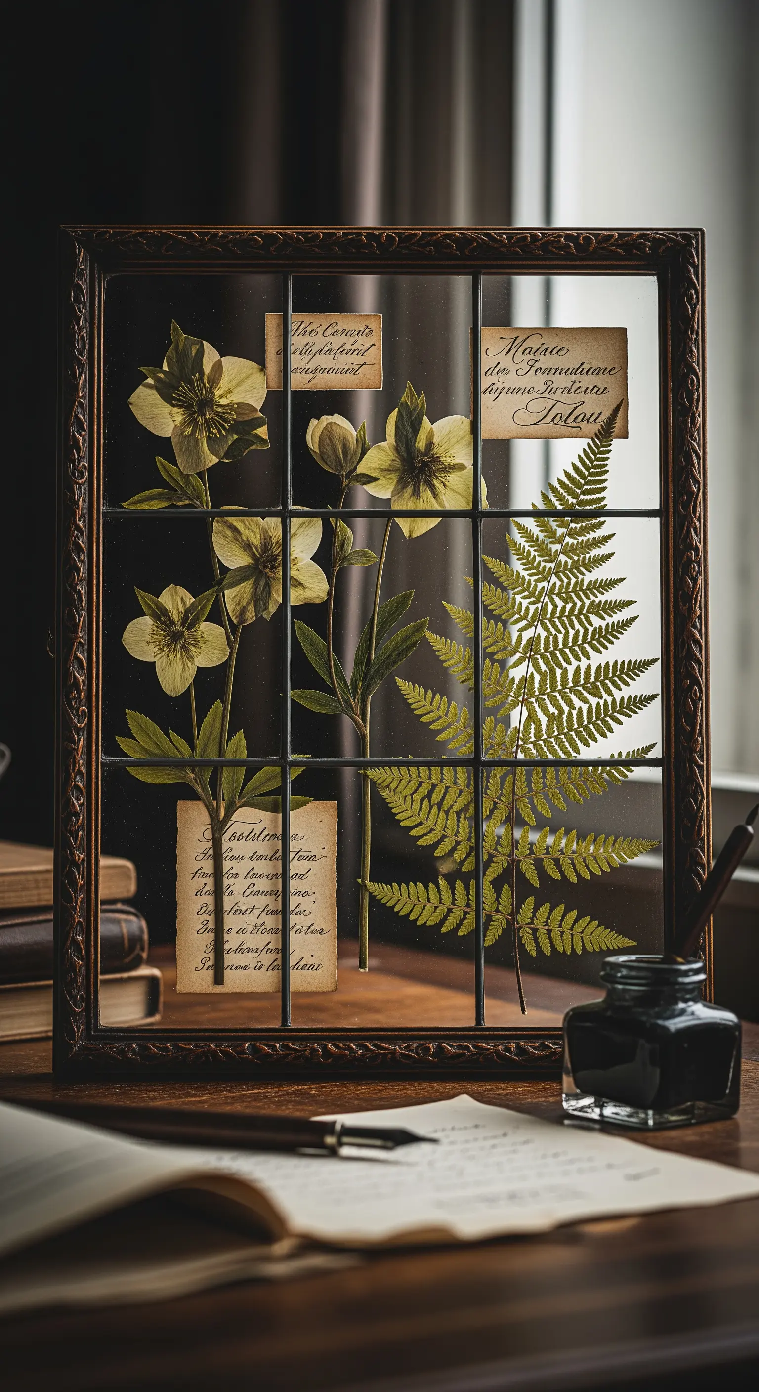 Quadro in stile erbario con fiori pressati, felce ed etichette calligrafiche.
