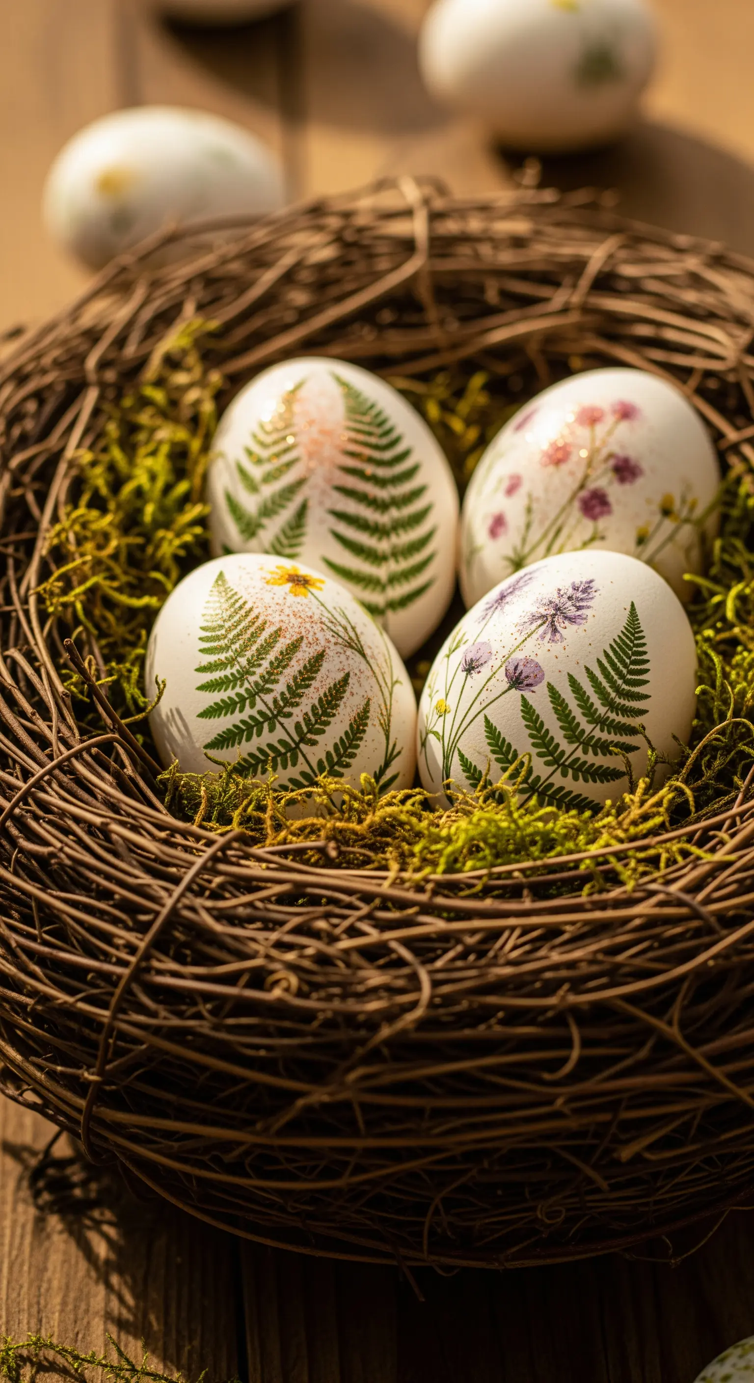 Uova bianche decorate con felci e fiori pressati, adagiate in un nido di rami.