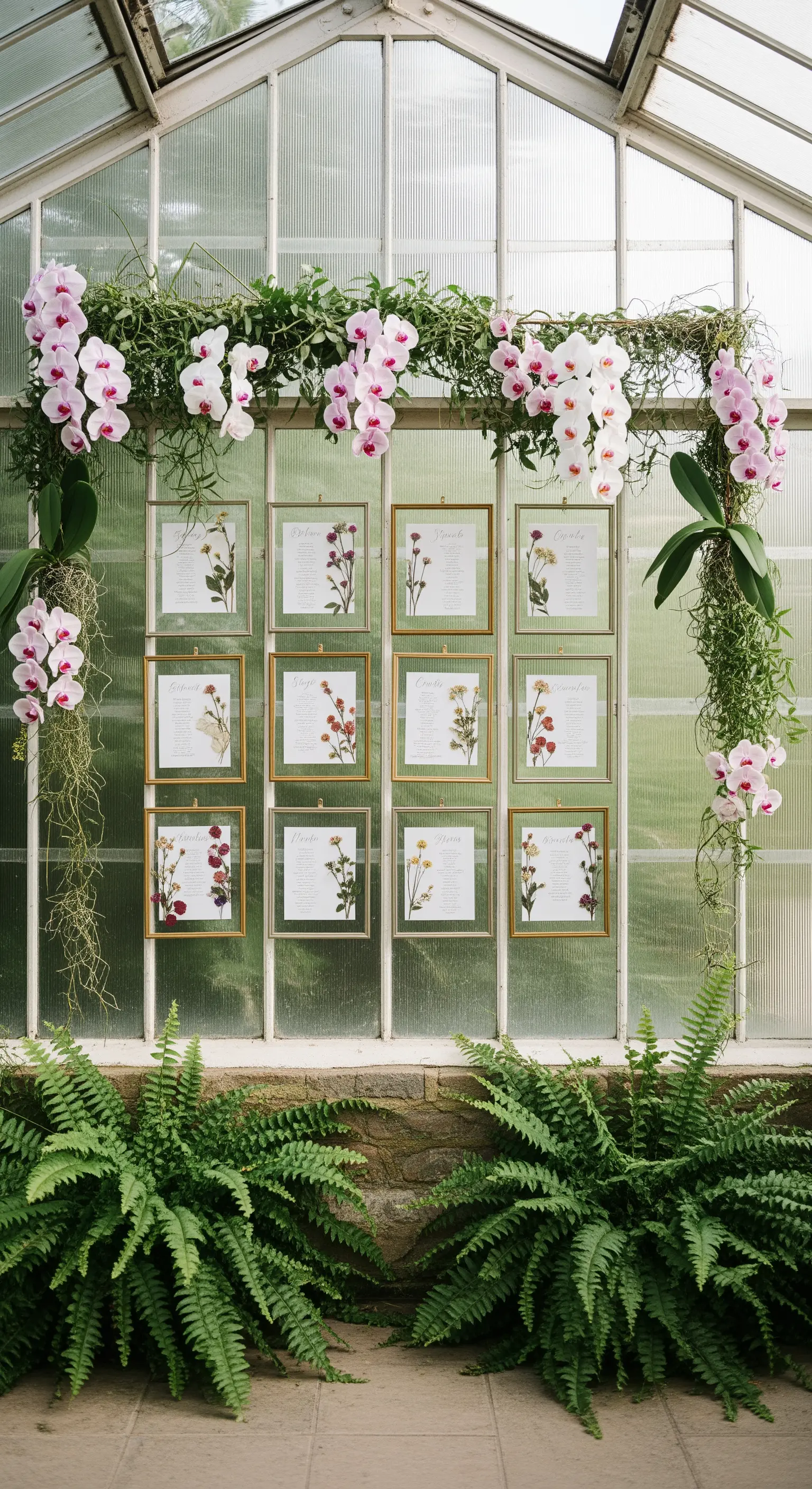 Tableau mariage botanico in una serra, con cornici a vetro contenenti fiori pressati.