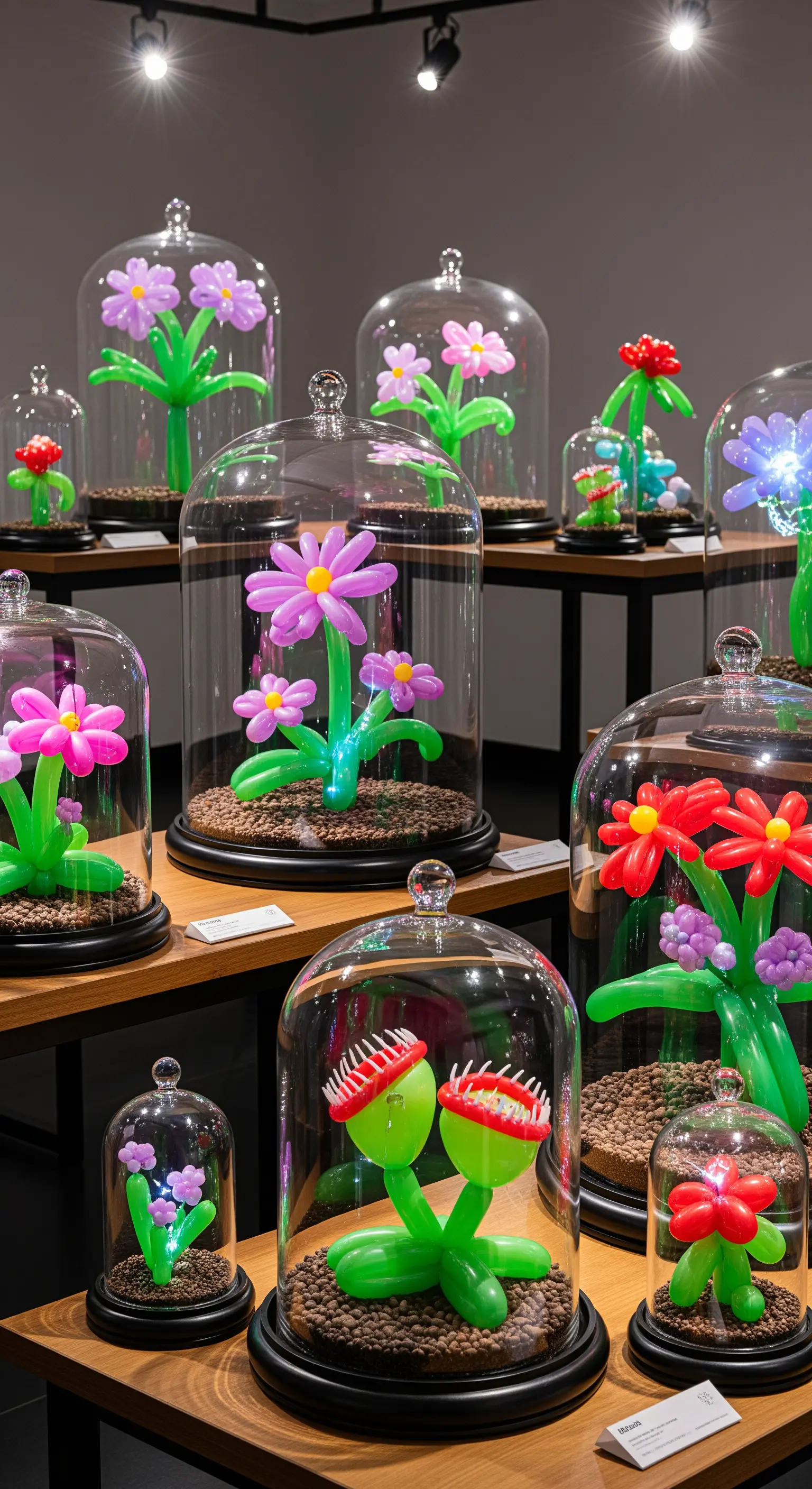 Fiori realizzati con palloncini colorati esposti sotto campane di vetro come in un museo.