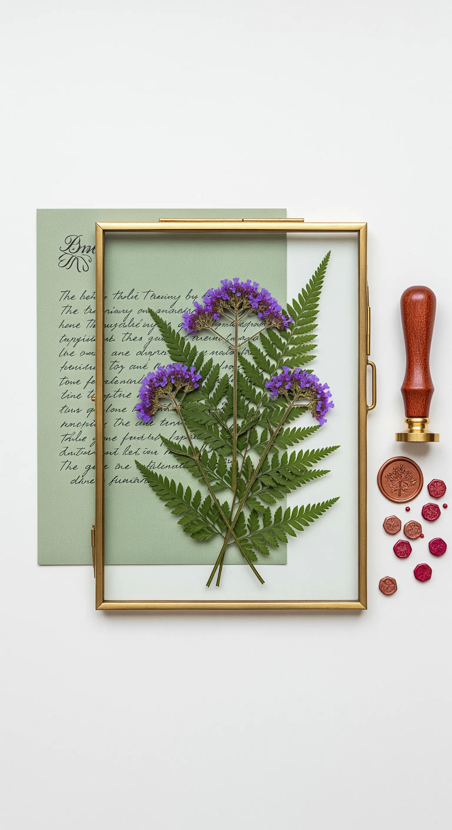 Composizione di felci e fiori viola pressati all'interno di una cornice dorata a doppio vetro.