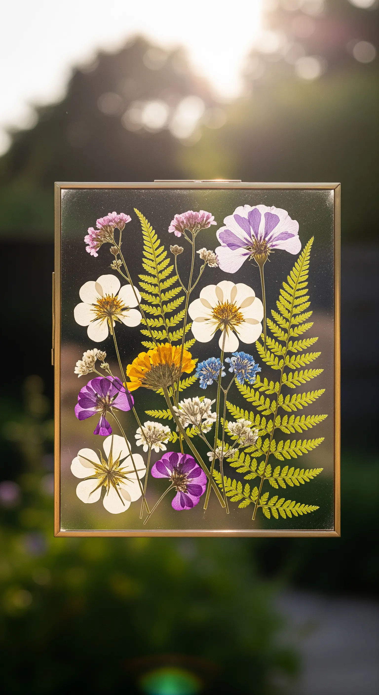 Cornice a giorno in vetro e metallo dorato con una composizione di fiori pressati colorati.