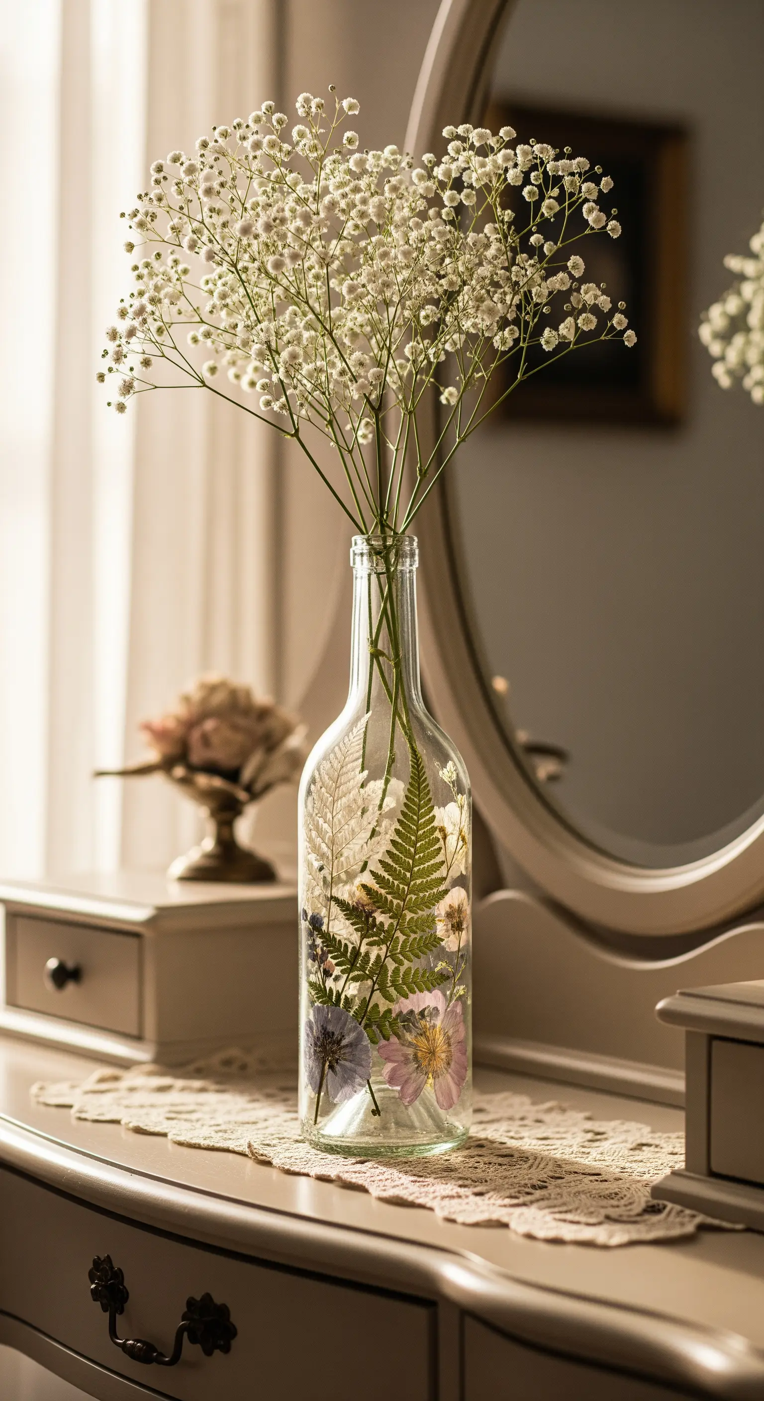 Bottiglia di vino trasparente che contiene fiori e felci pressate, usata come vaso.