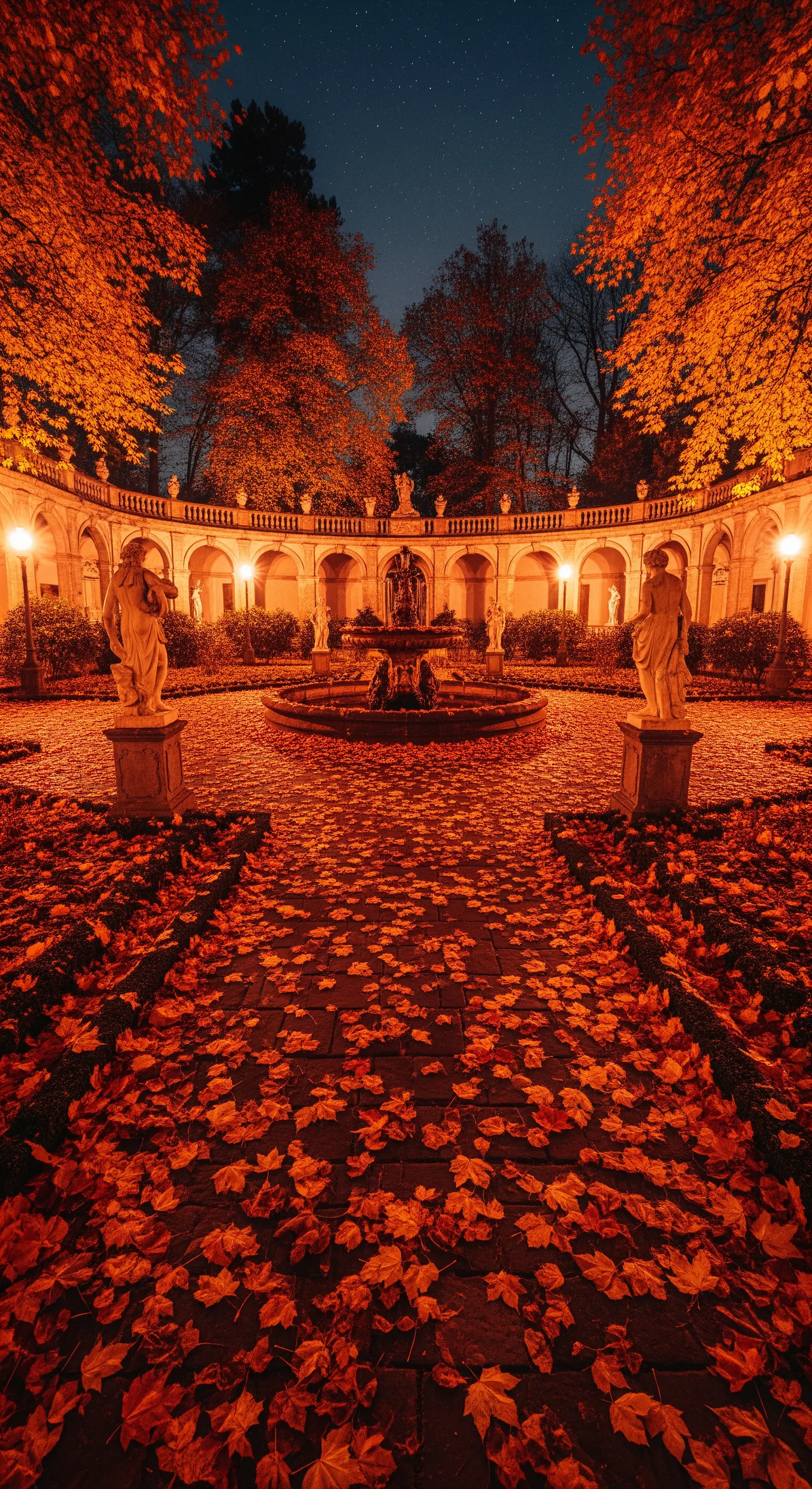 Cortile di un palazzo storico in autunno, con foglie rosse a terra e illuminazione calda color ambra.