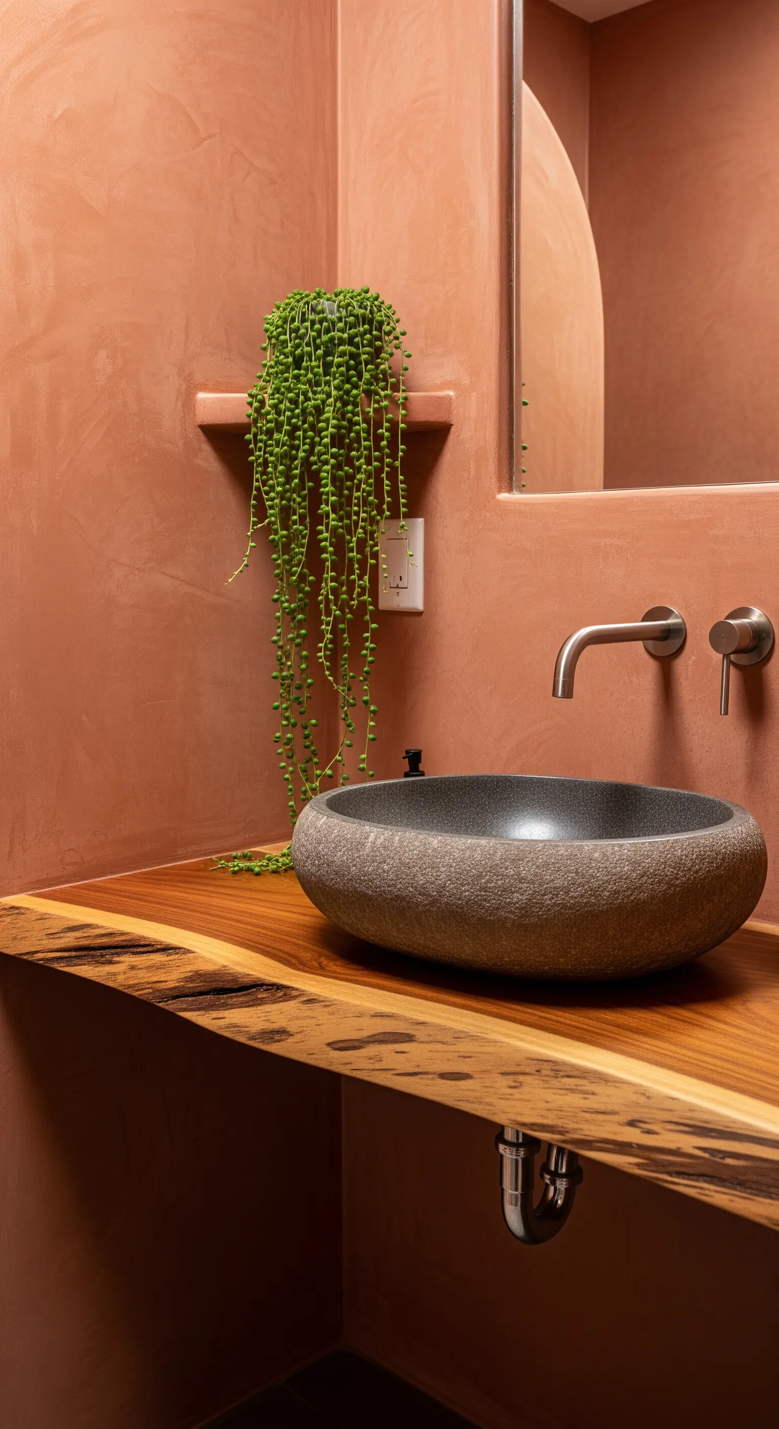 Dettaglio di un lavabo in pietra scura su un piano in legno massiccio, con pareti terracotta.
