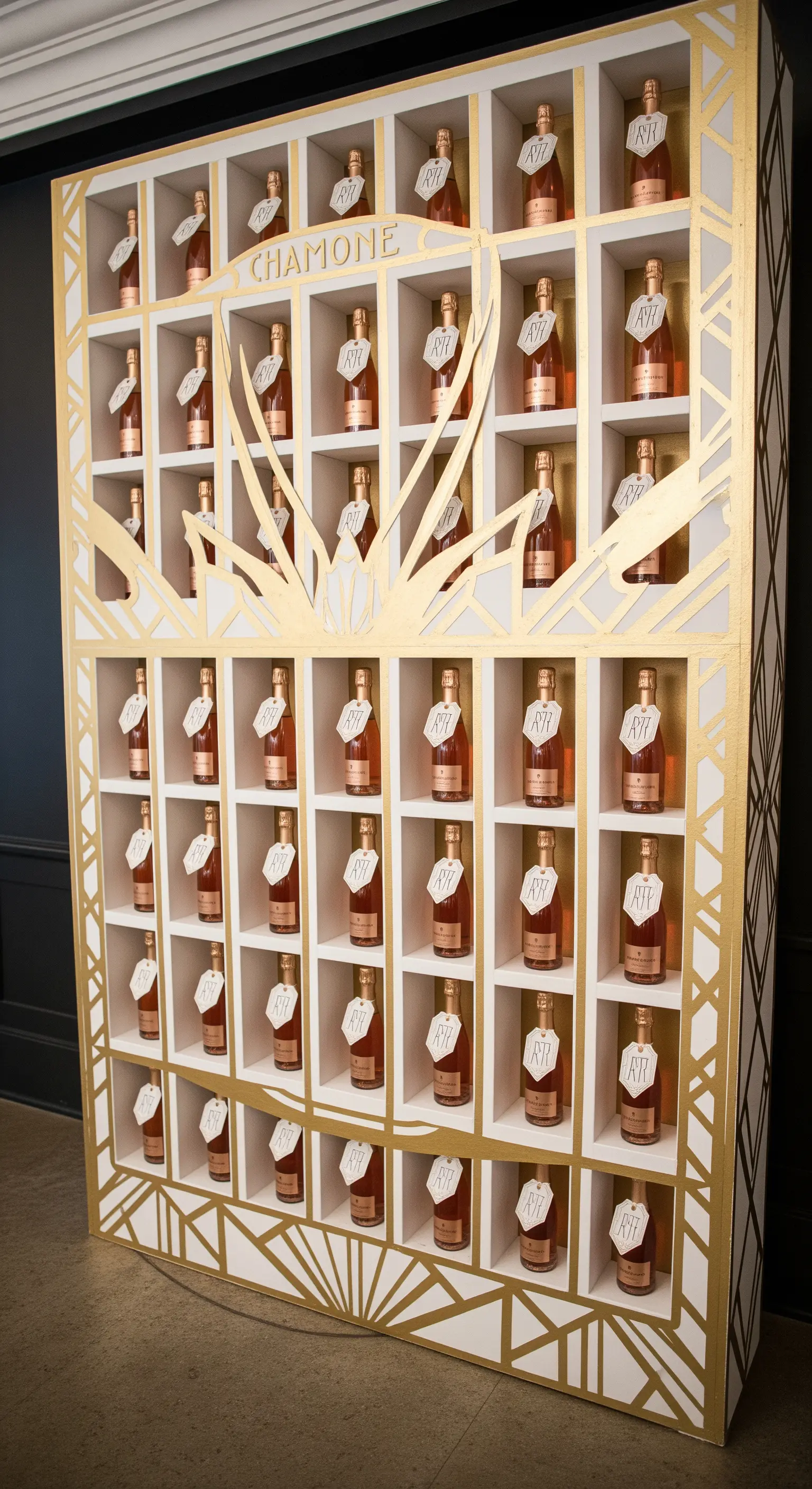Parete espositiva Art Déco in bianco e oro con mini bottiglie di champagne come bomboniera.