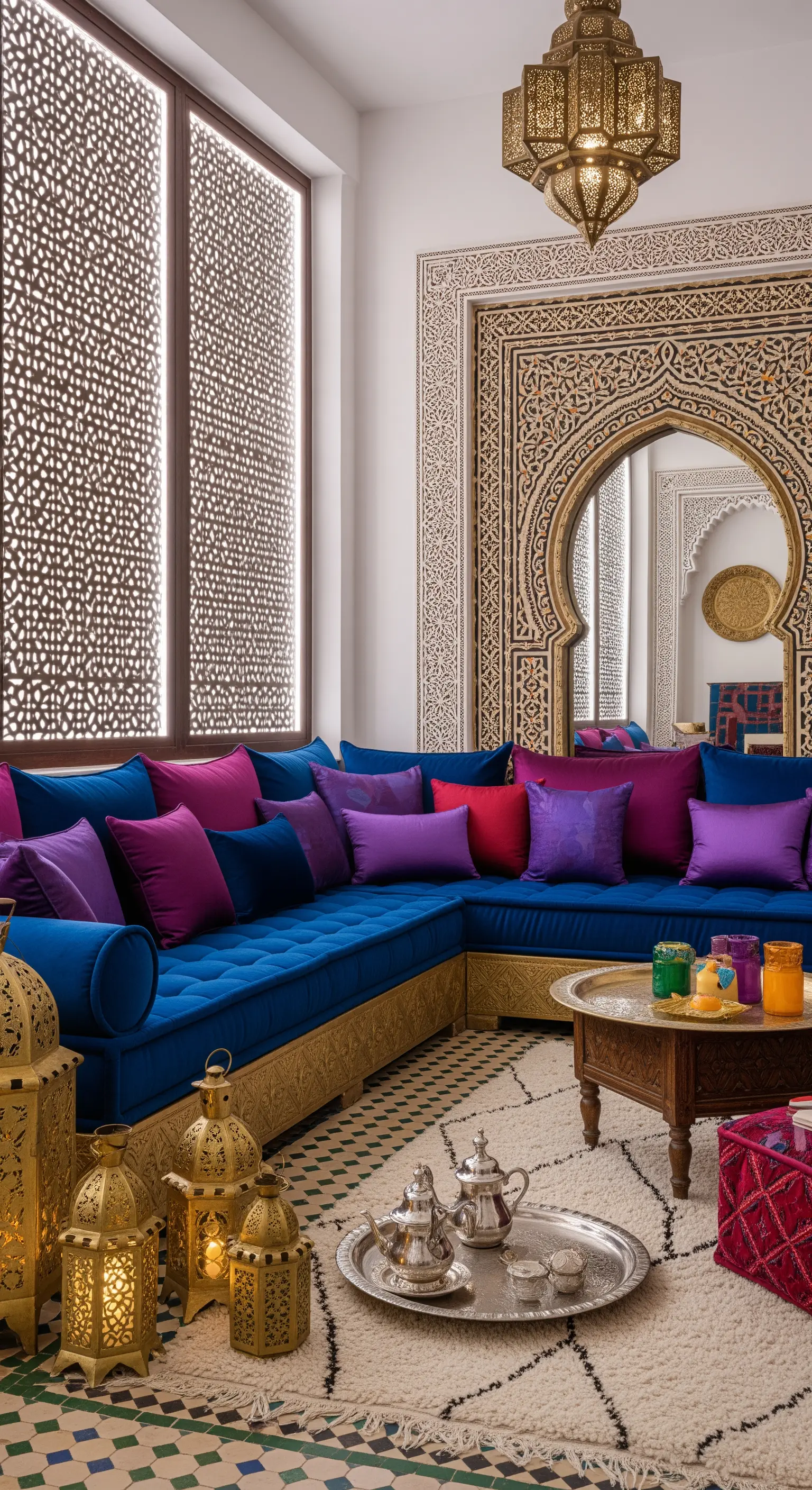 Salotto in stile marocchino con divano blu, cuscini viola e lanterne dorate decorative