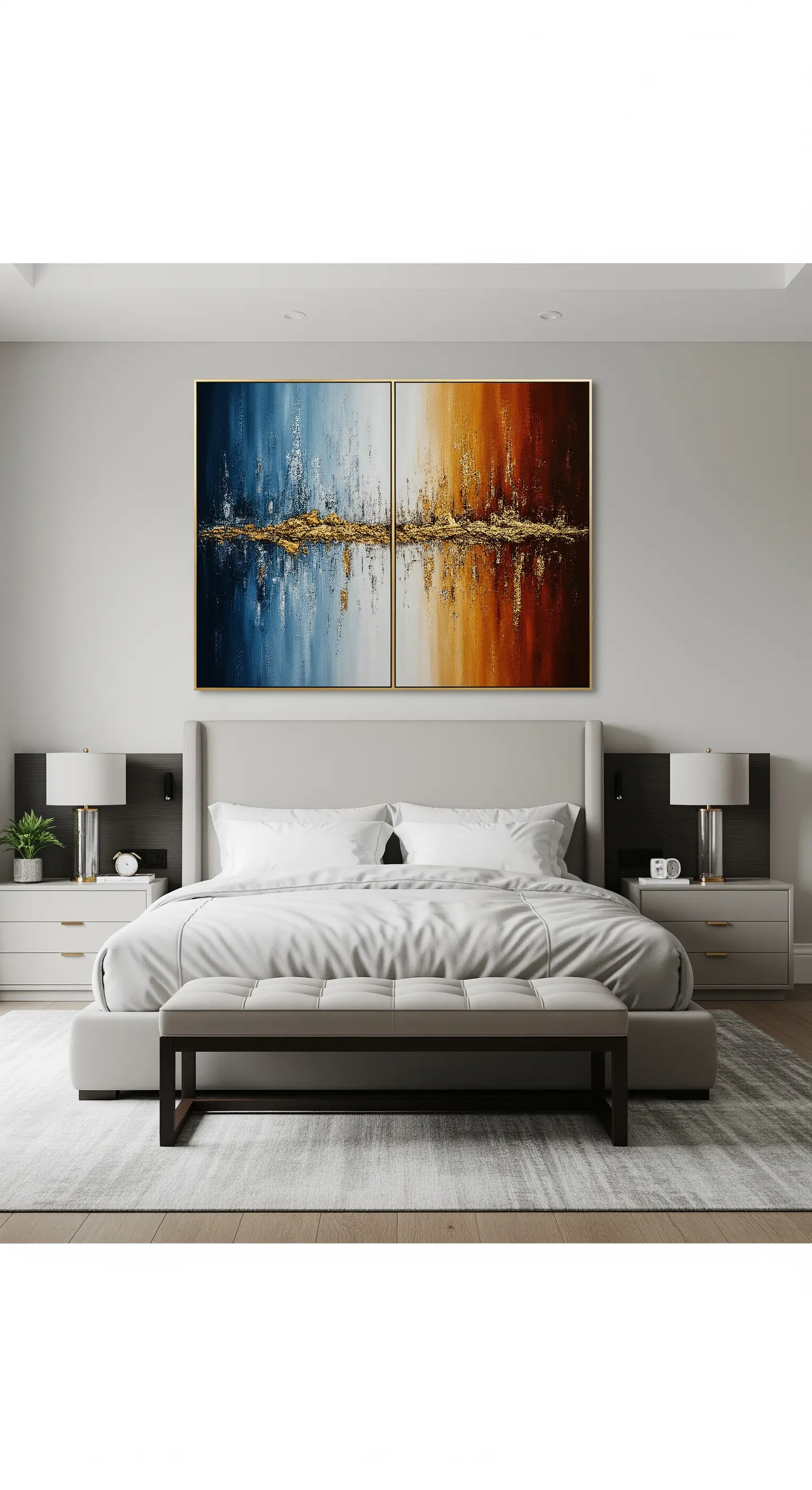 Dittico astratto che rappresenta un orizzonte sui toni del blu e dell'arancio, sopra un letto grigio.