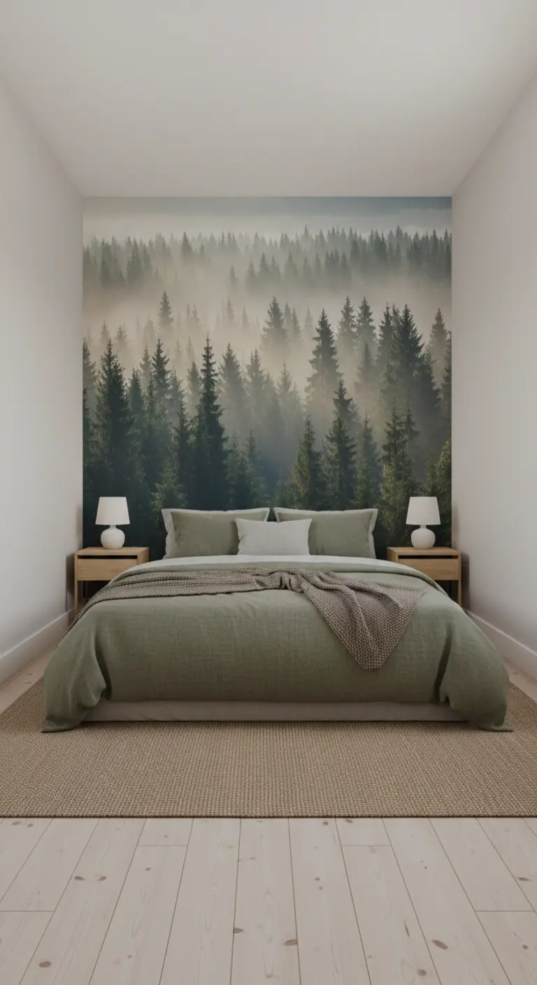 Camera da letto con una grande carta da parati che raffigura una foresta nebbiosa dietro al letto.