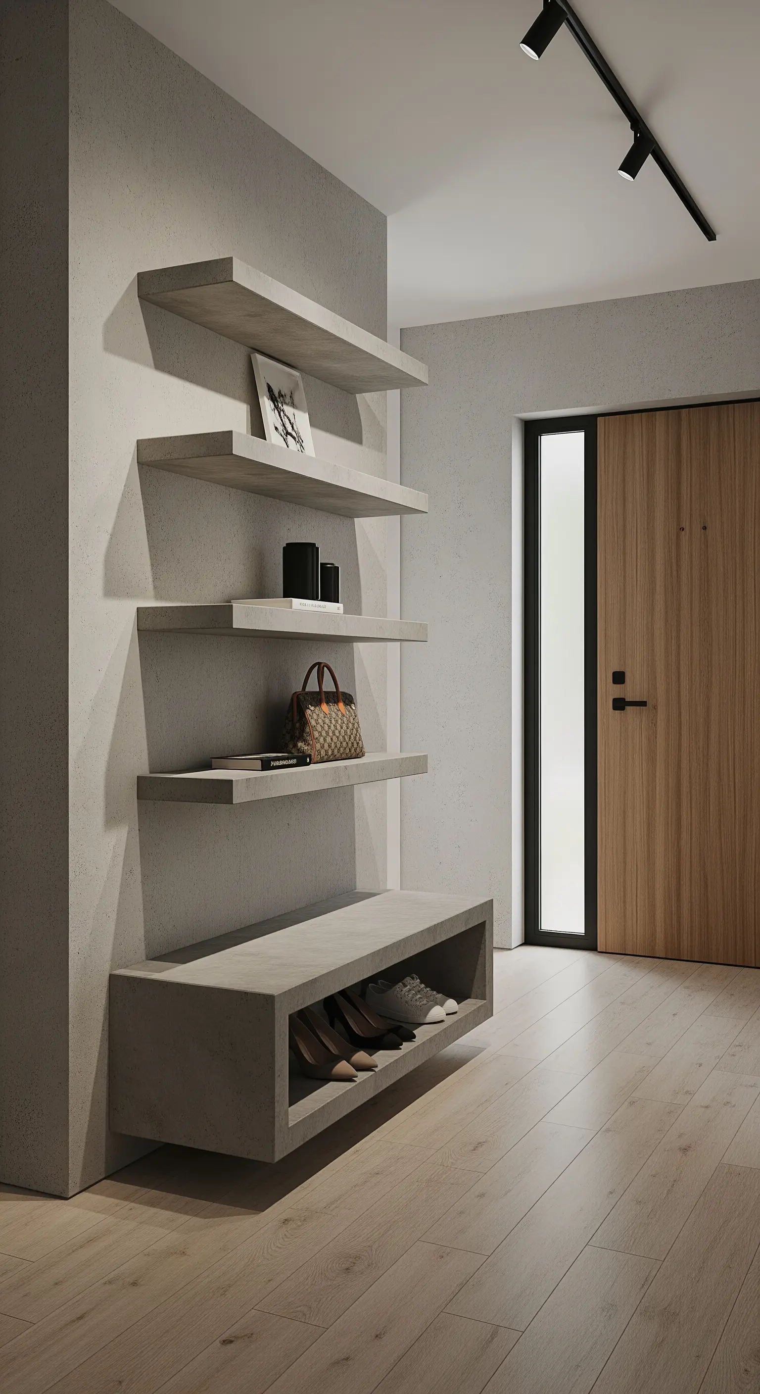 Mensole e panca sospese con finitura effetto cemento in un ingresso minimale.