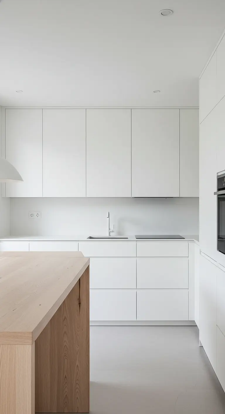 Cucina total white ultra minimale con grande isola centrale in legno di rovere.