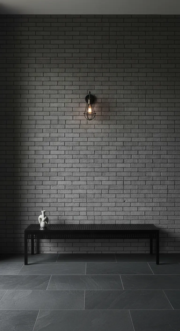 Parete in mattoni grigi con panca nera e singola applique vintage a gabbia.
