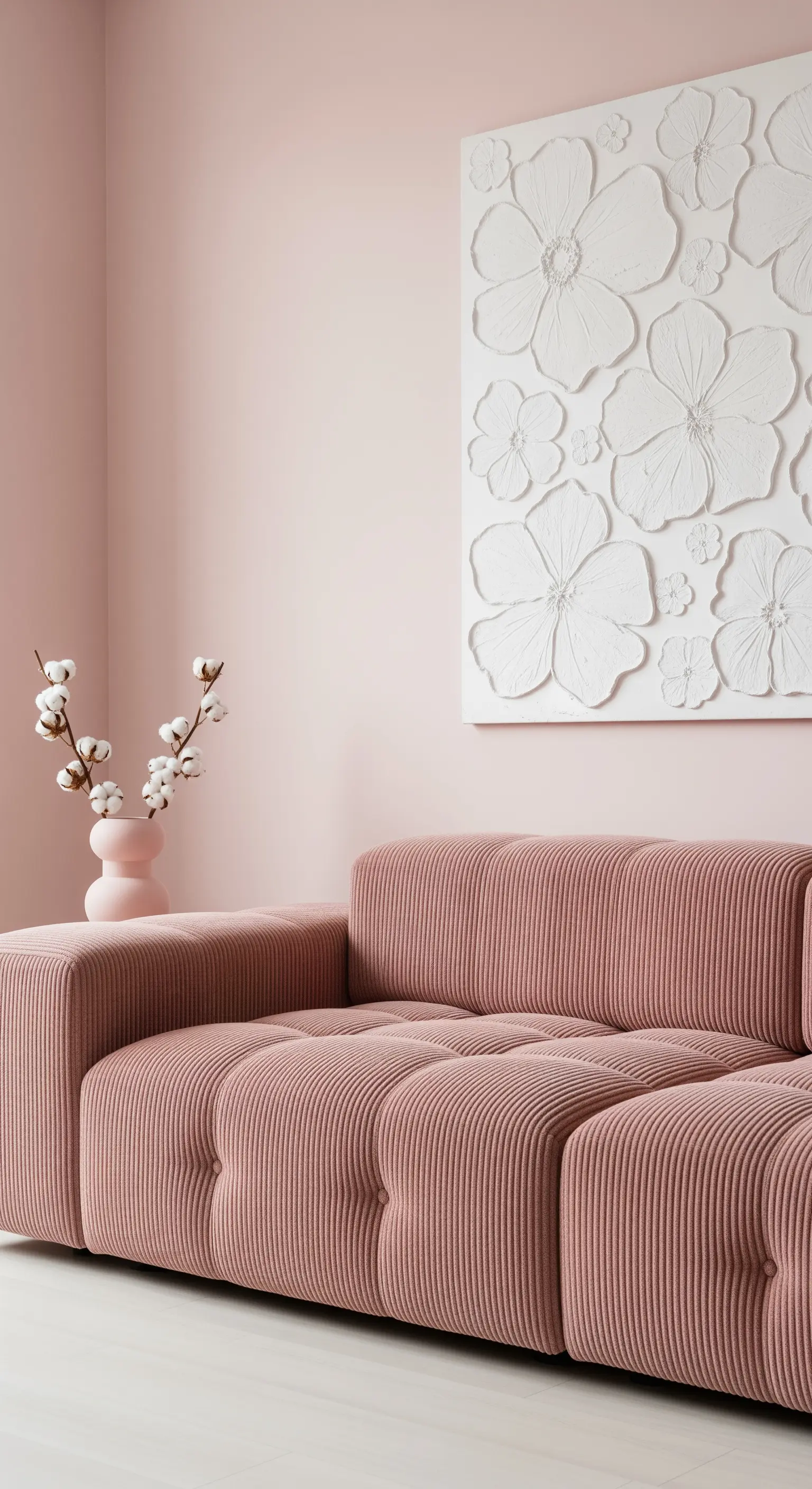 Salotto monocromatico rosa con divano a coste e un bassorilievo floreale bianco sulla parete.