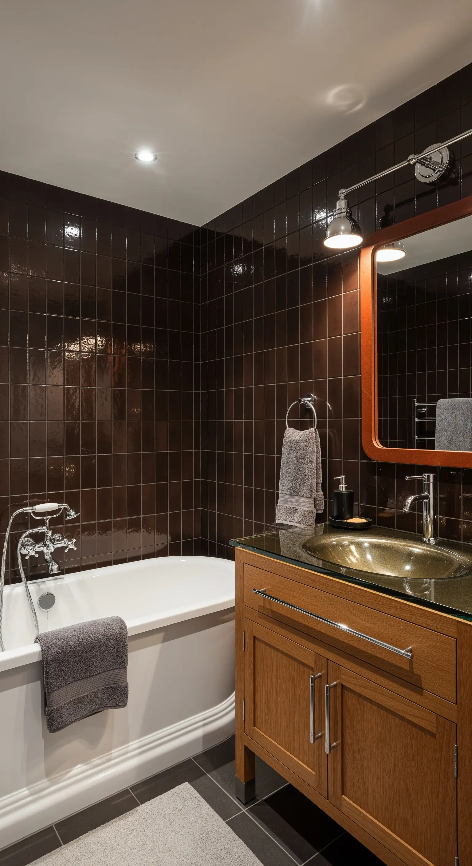 Bagno con pareti rivestite di piastrelle quadrate marrone scuro lucido.