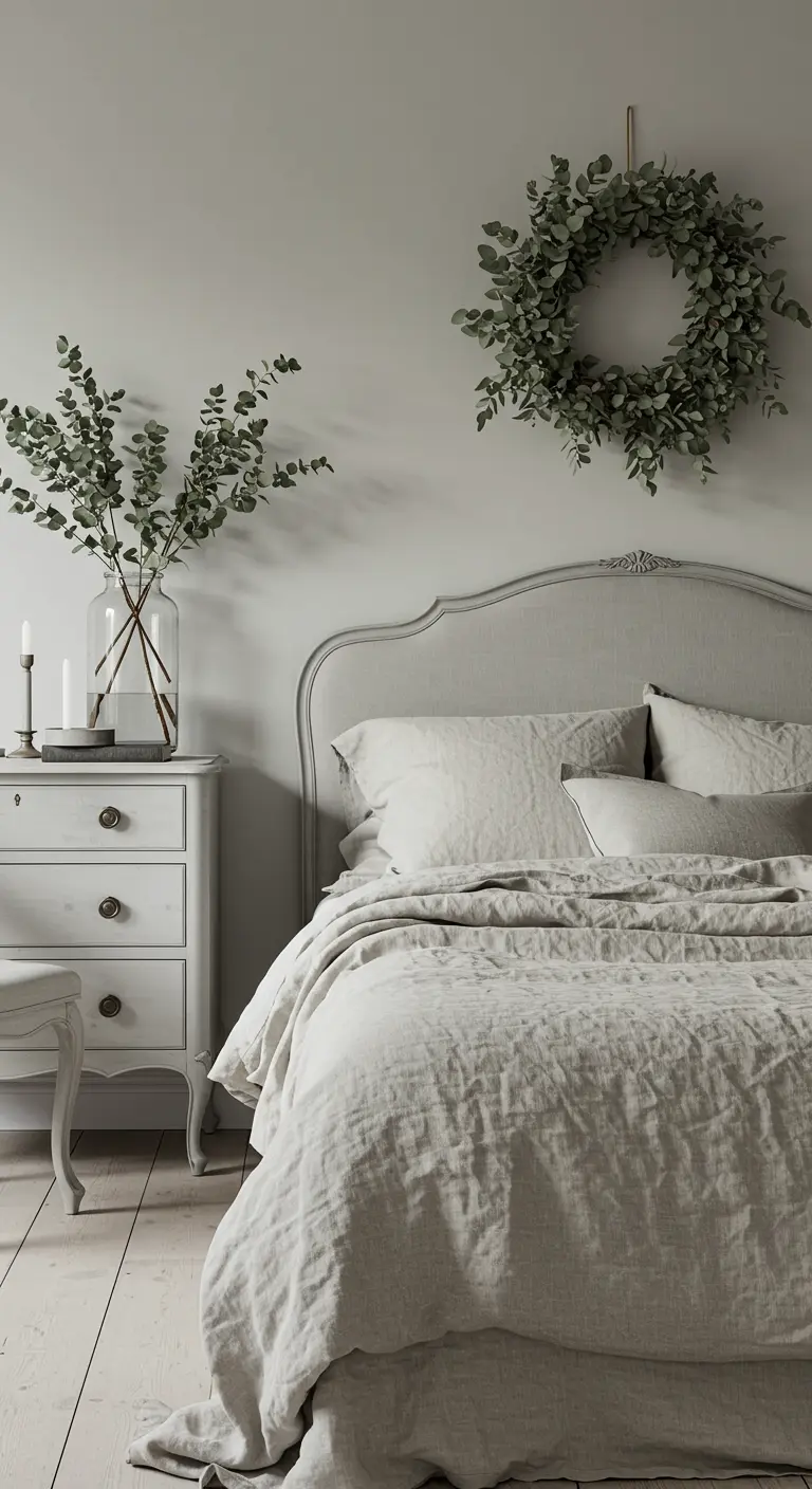 Camera da letto monocromatica nei toni del grigio con mobili decapati e ghirlanda di eucalipto.