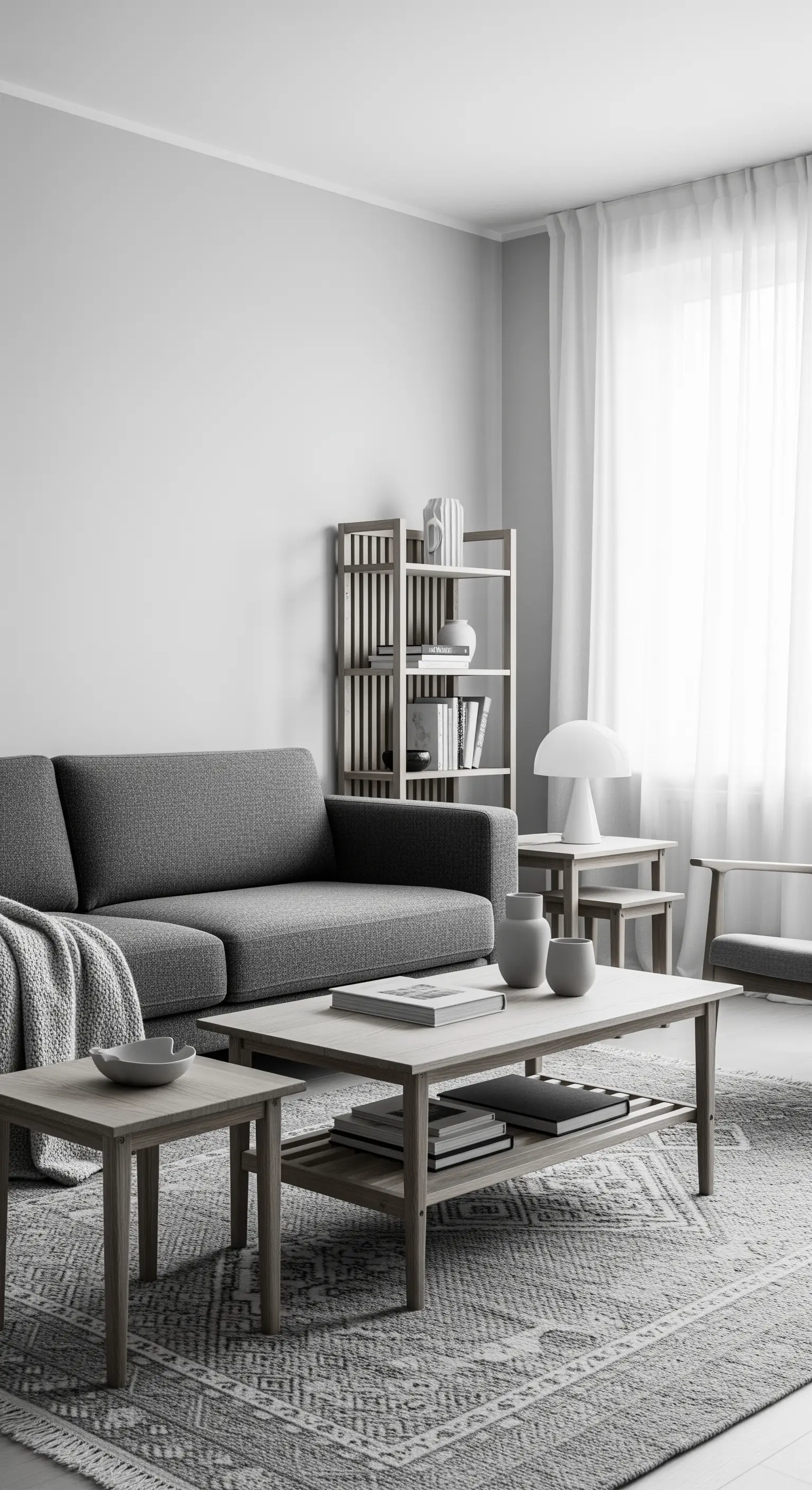 Salotto monocromatico nei toni del grigio con divano, libreria a giorno e tavolini in legno chiaro.