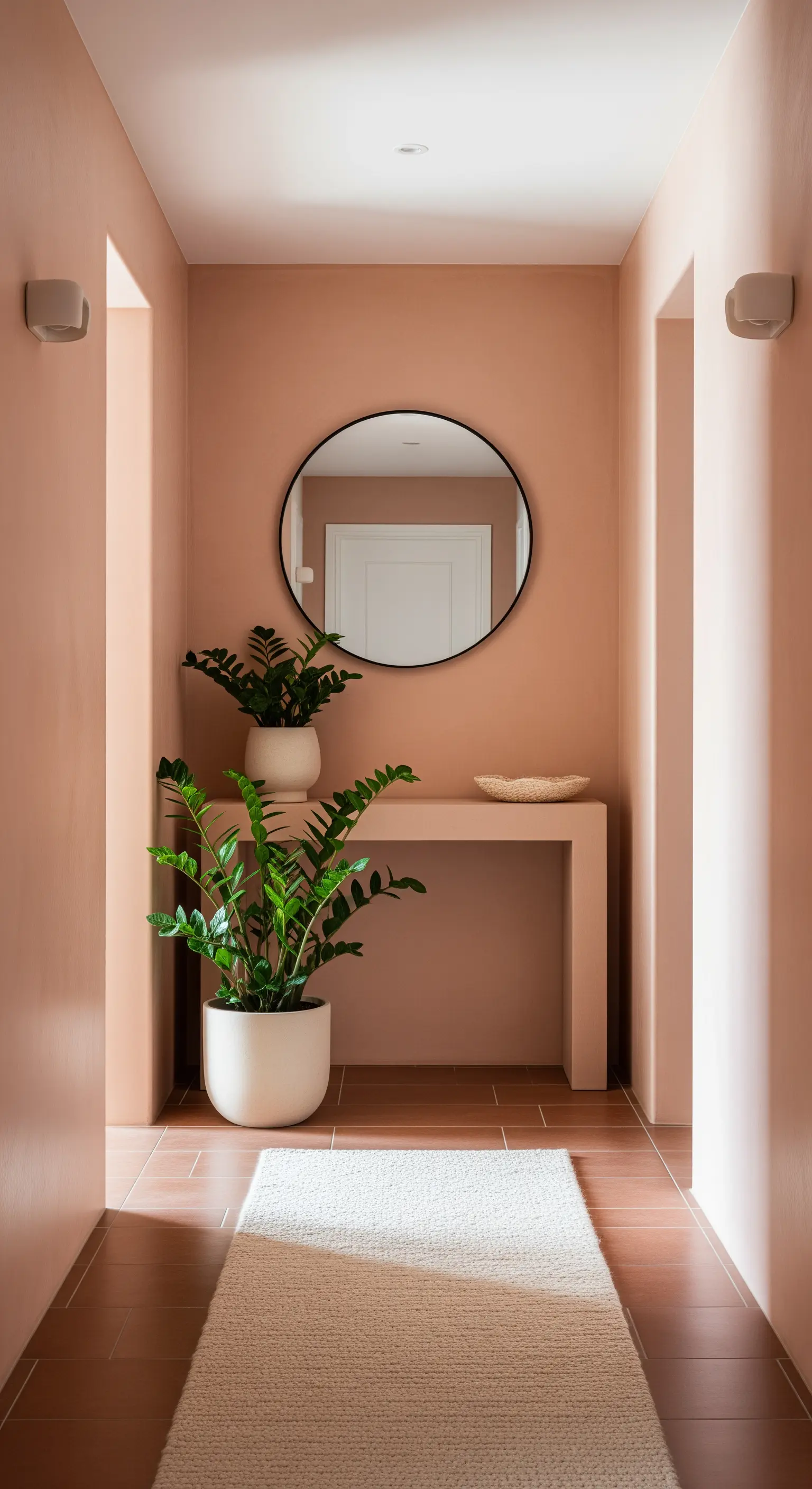 Corridoio monocromatico nei toni del rosa terracotta, con consolle e specchio rotondo.