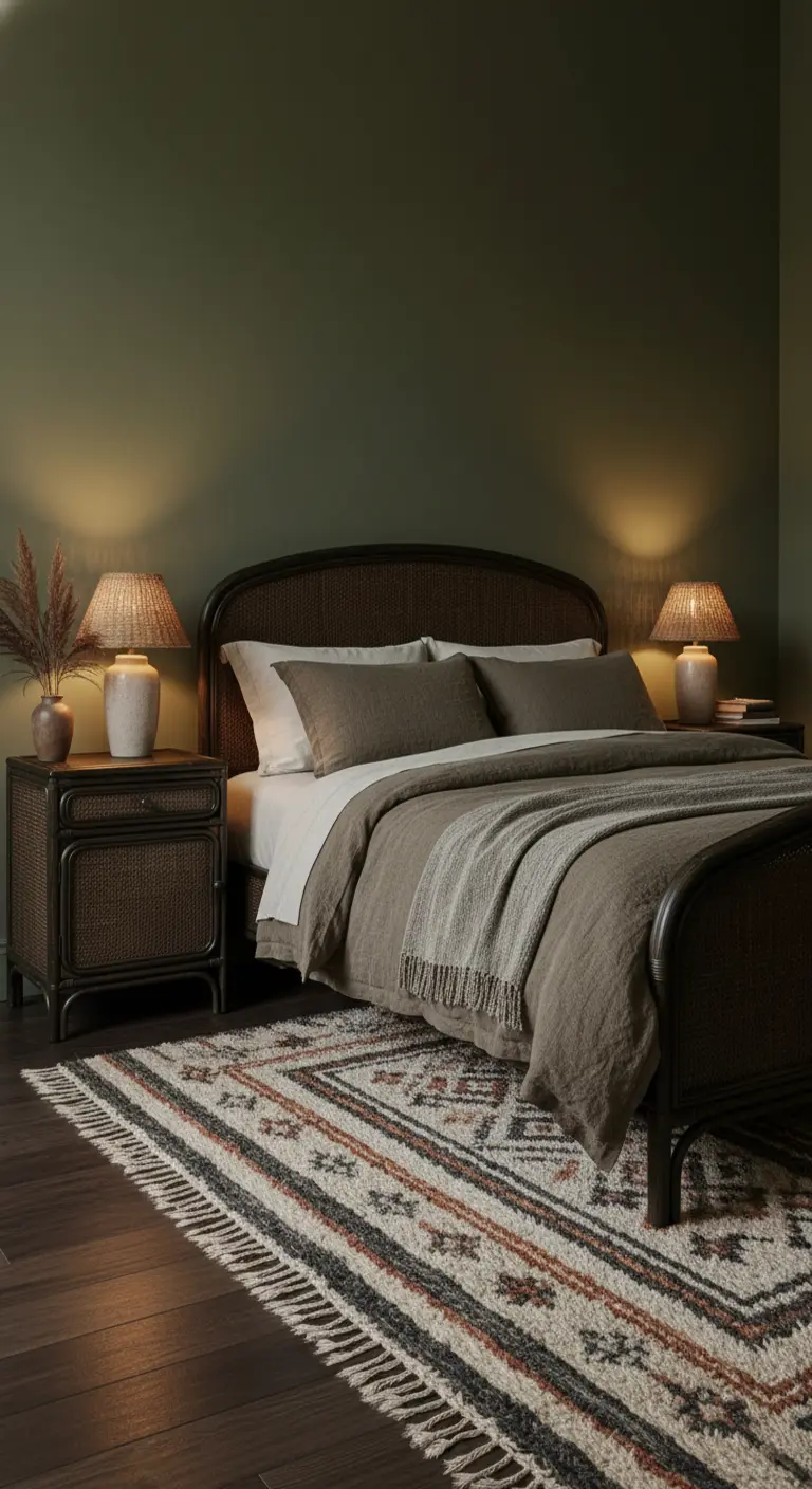 Camera da letto scura con pareti verde oliva, mobili in rattan scuro e lampade calde.