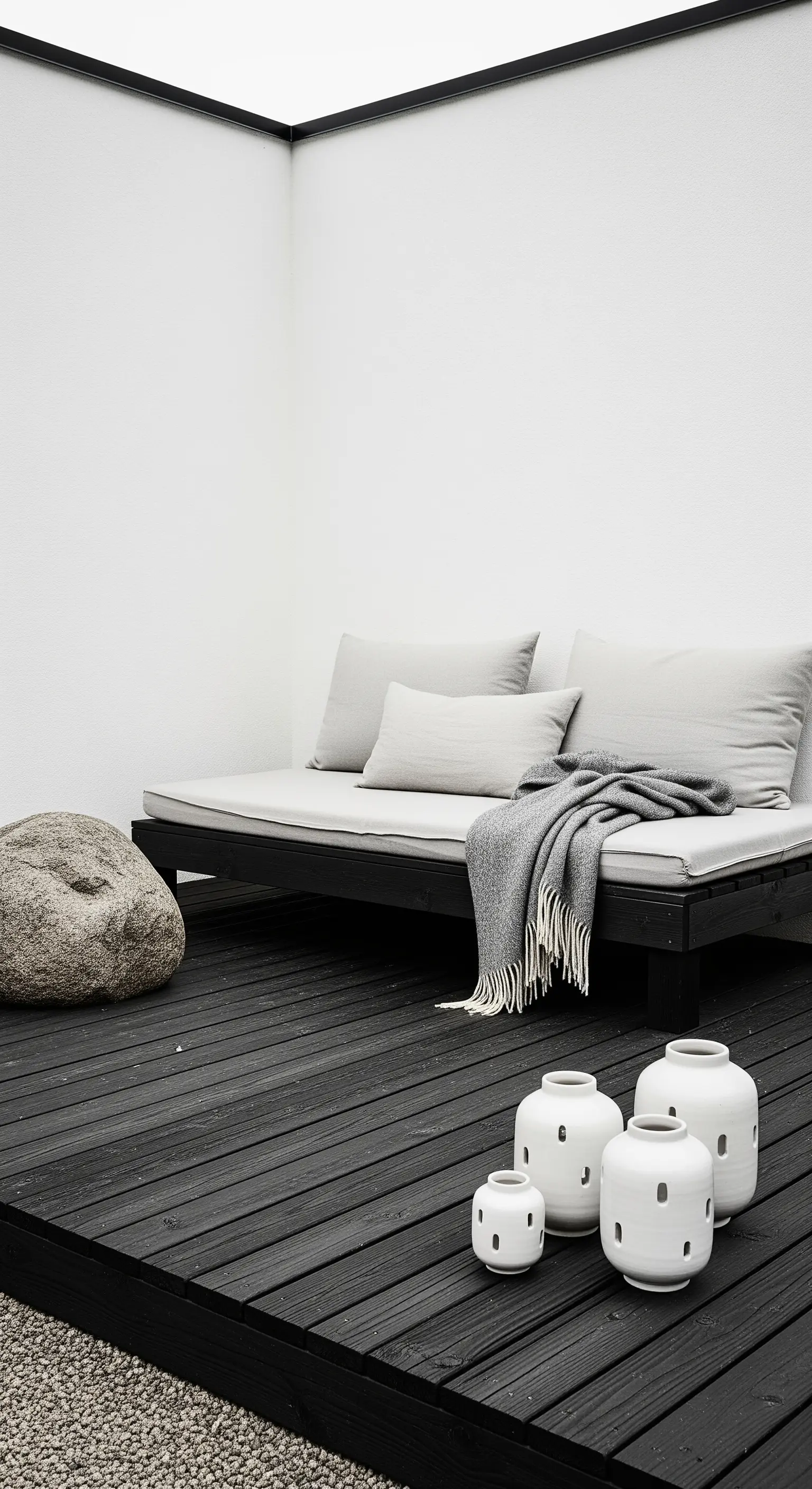 Patio minimalista con daybed nero, parete bianca, una grande roccia e lanterne in ceramica.