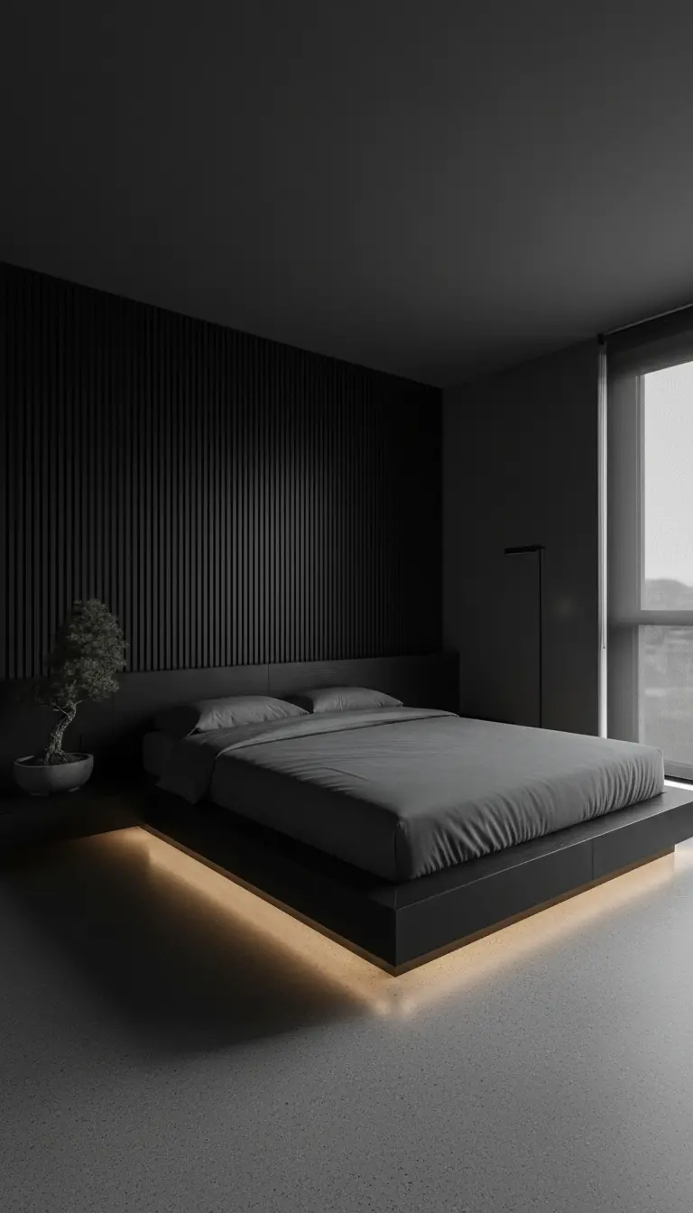 Camera da letto total black con parete a listelli verticali e letto basso con illuminazione a LED.