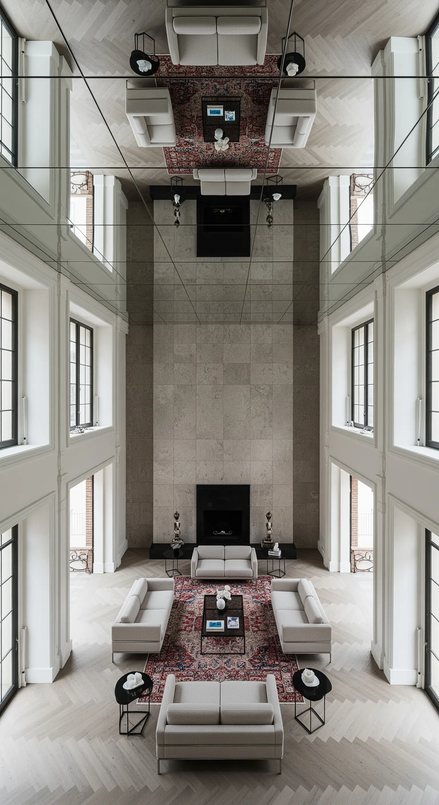 Soffitto a specchio in un grande salone con doppia altezza che riflette l'arredamento sottostante.