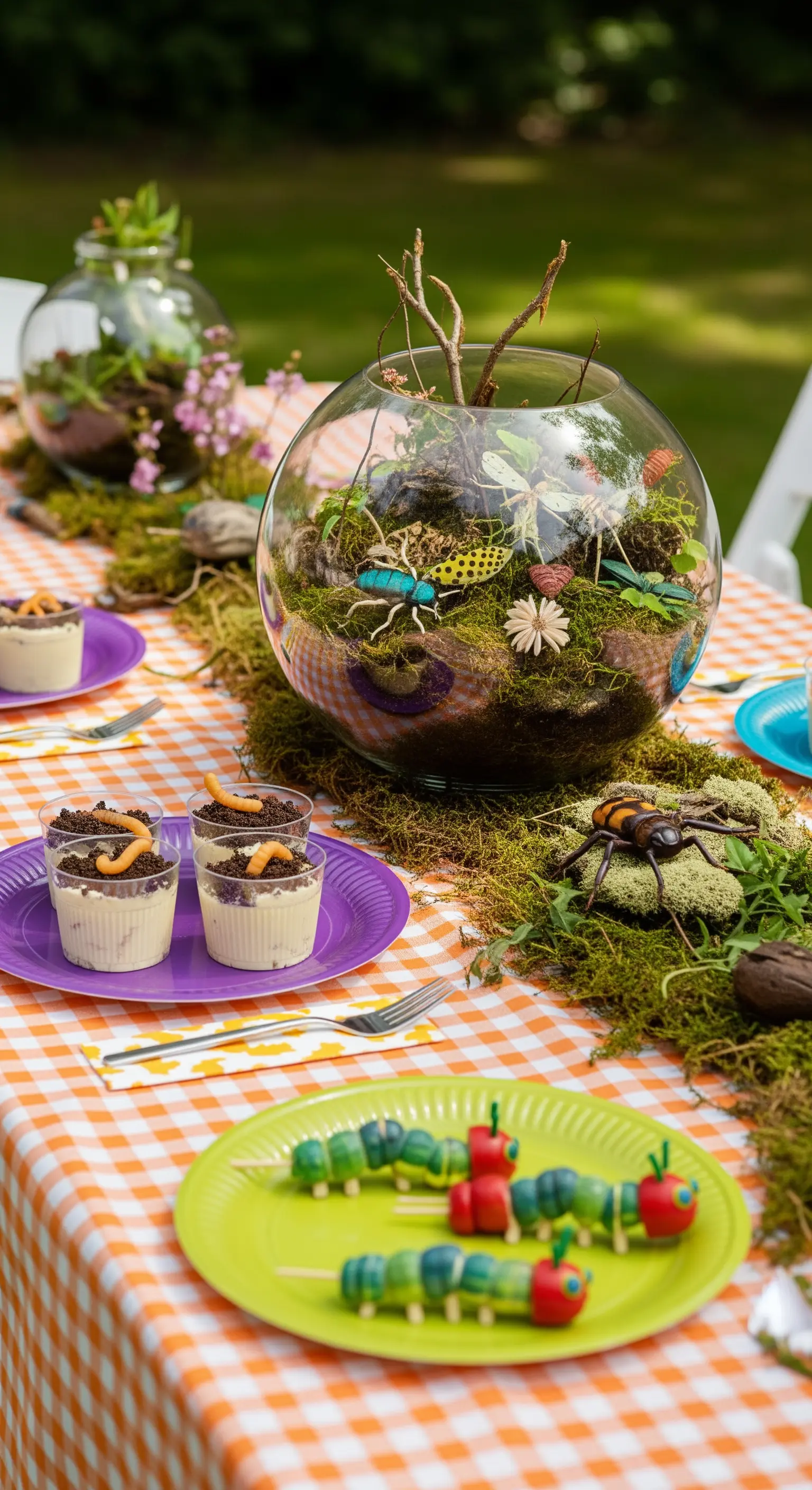 Tavola da picnic con centrotavola a forma di terrario e dolcetti a tema insetti.