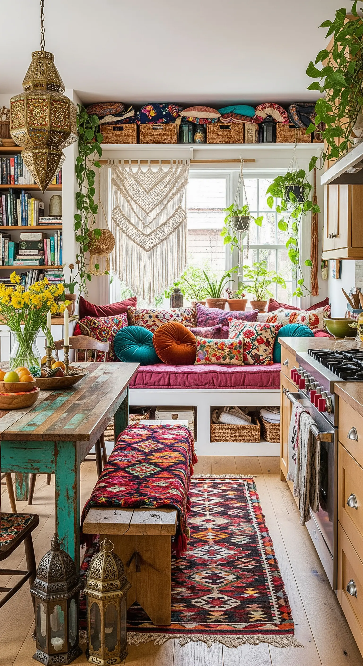 Cucina bohémien con panca carica di cuscini colorati, tappeti kilim e piante pendenti.