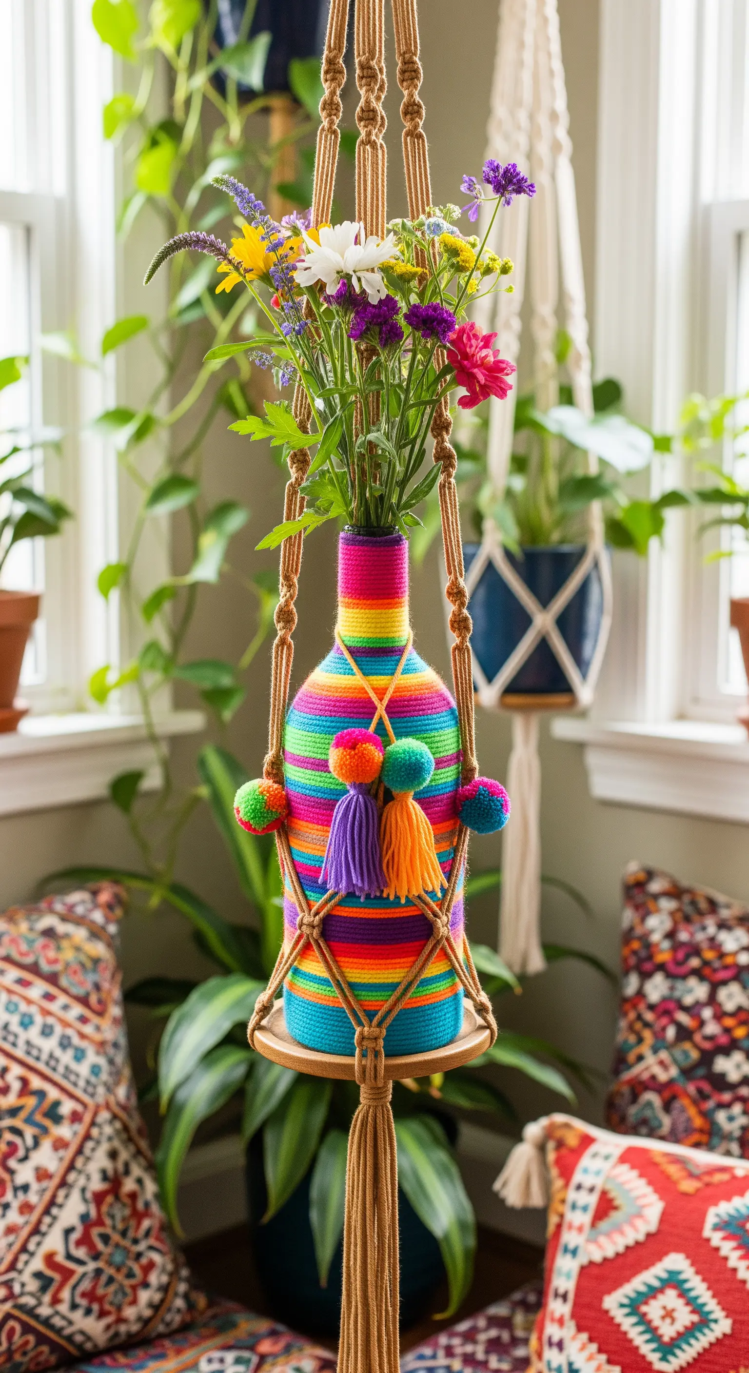 Bottiglia di vino avvolta in filati colorati e sospesa in un supporto per piante macramè.