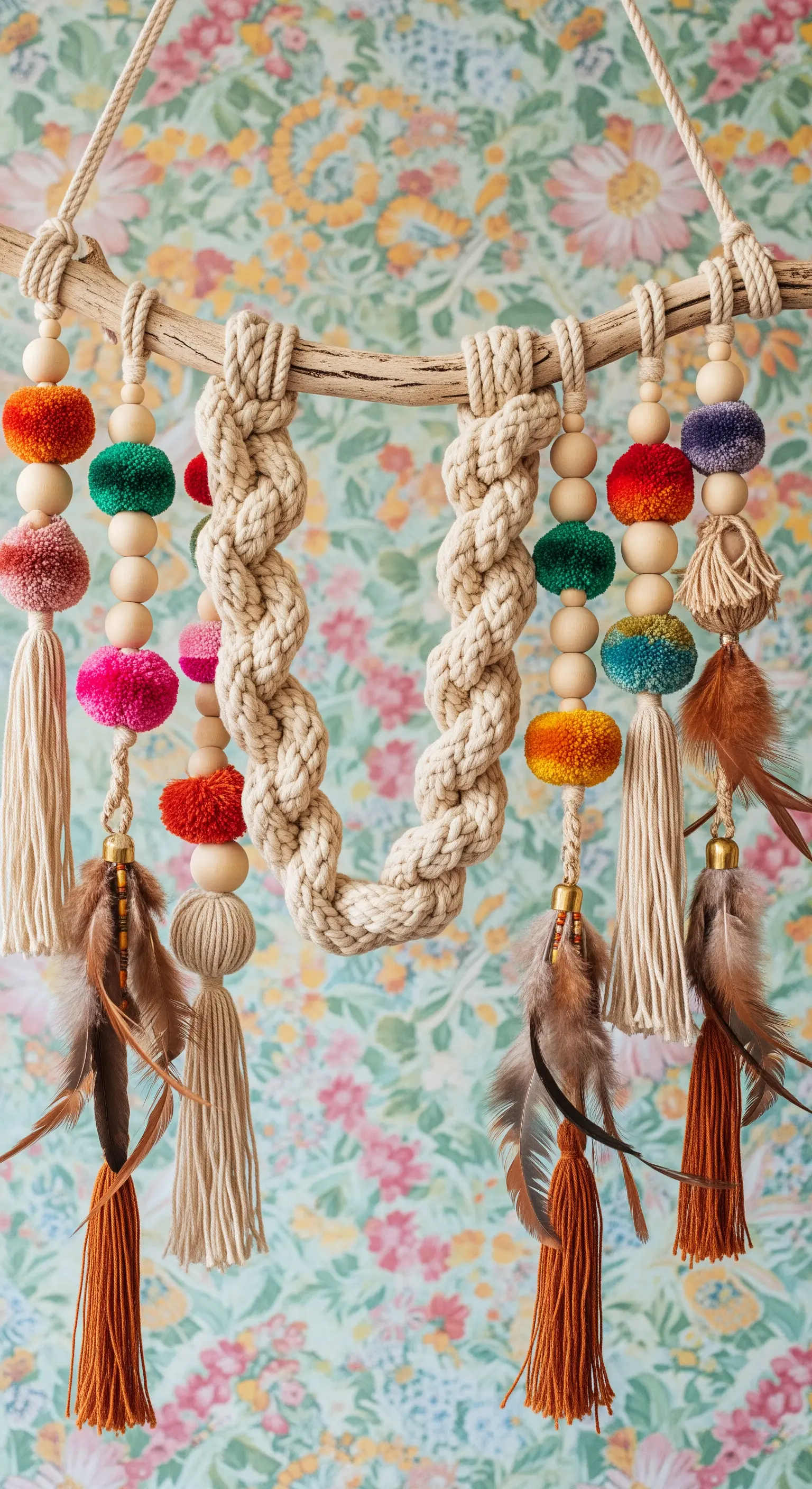 Ramo decorato con pom-pom colorati, piume, perline e corde intrecciate in stile boho.