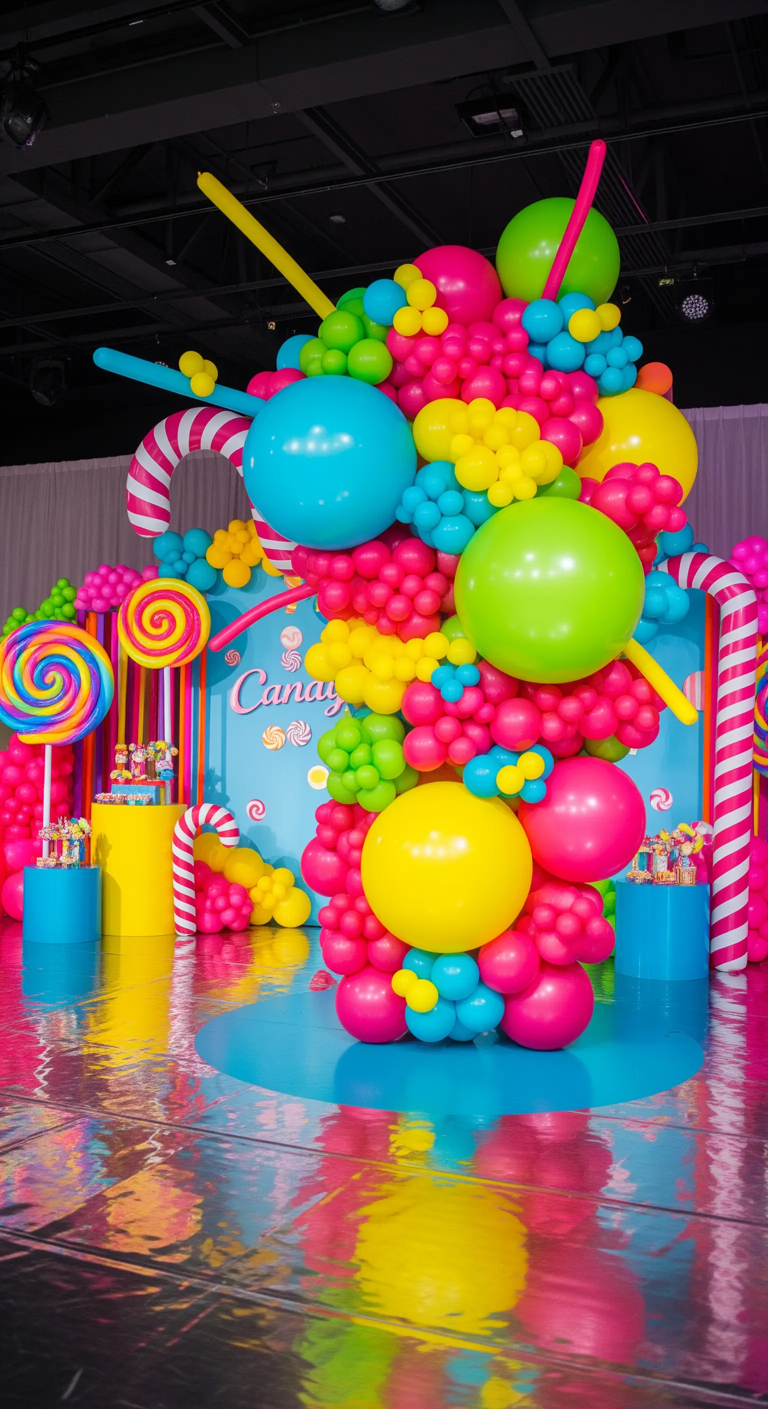 Scenografia a tema caramelle con sculture di palloncini dai colori neon e vivaci.