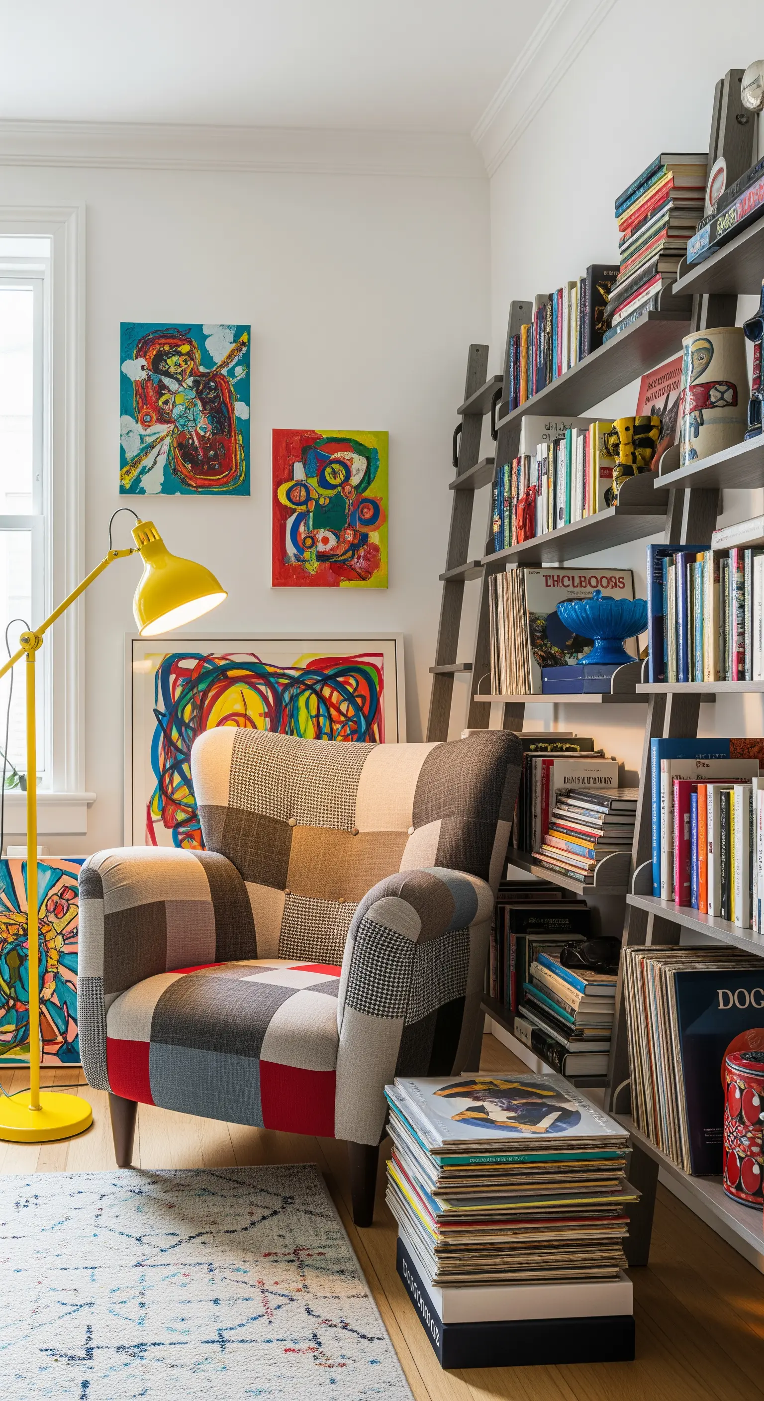 Poltrona patchwork in un angolo artistico con lampada gialla e libreria a scala.
