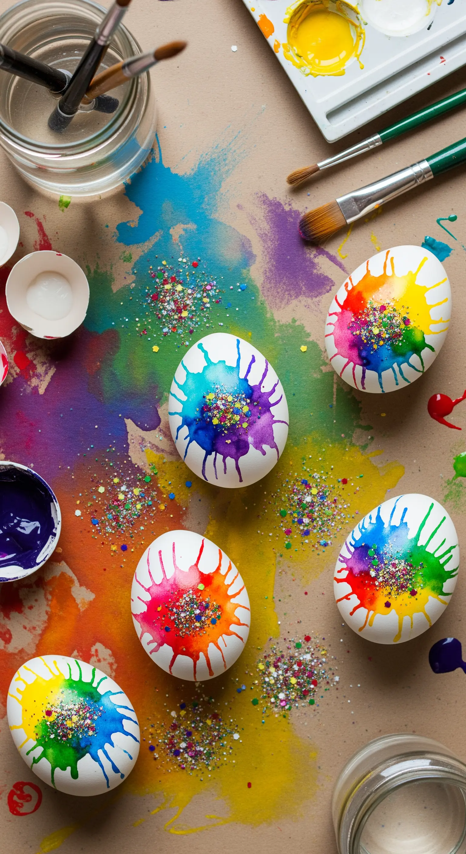 Uova bianche decorate con schizzi di vernice arcobaleno e glitter multicolore.