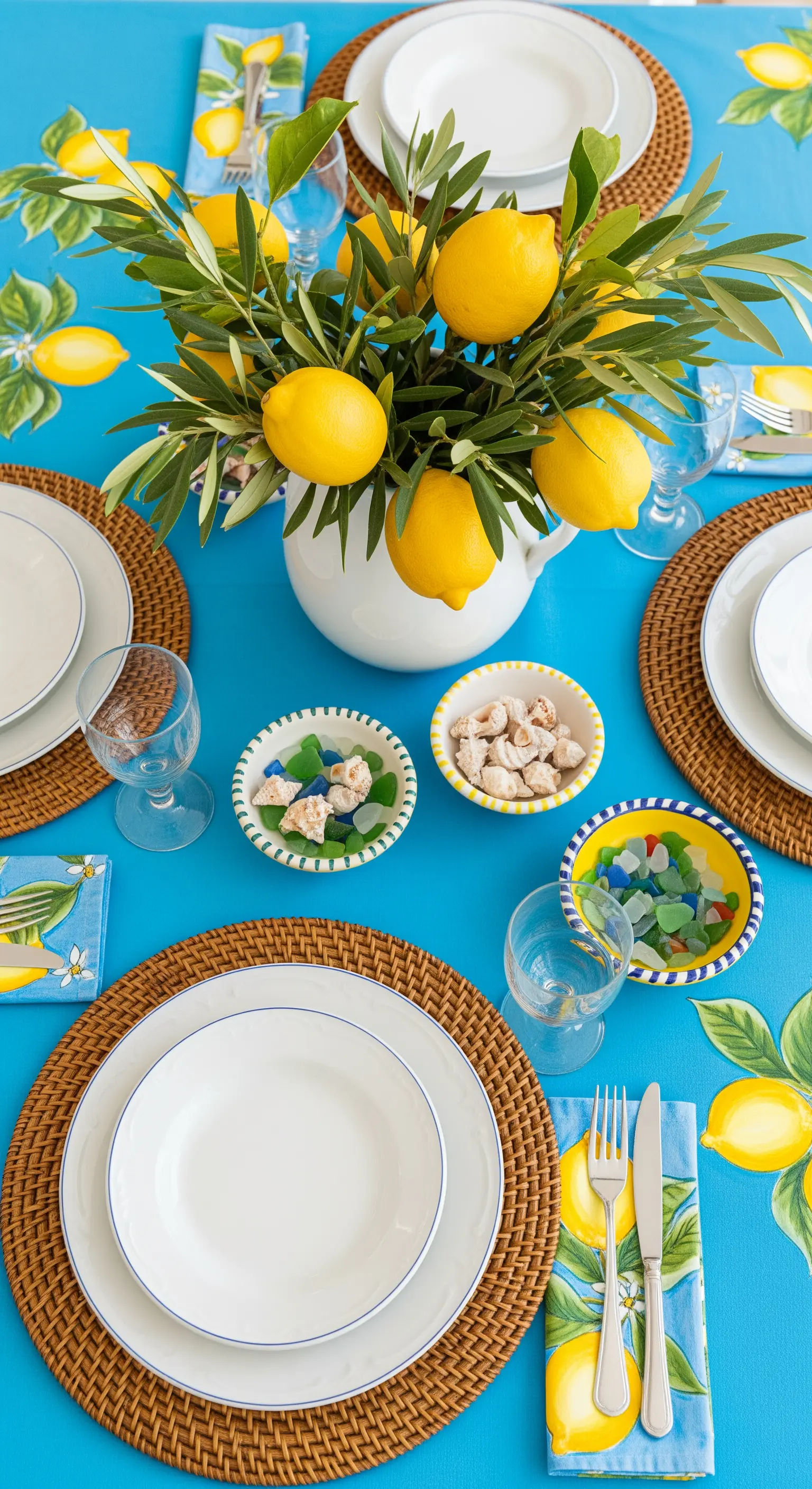 Tavola mediterranea con tovaglia a limoni, centrotavola di agrumi e ciotole colorate.