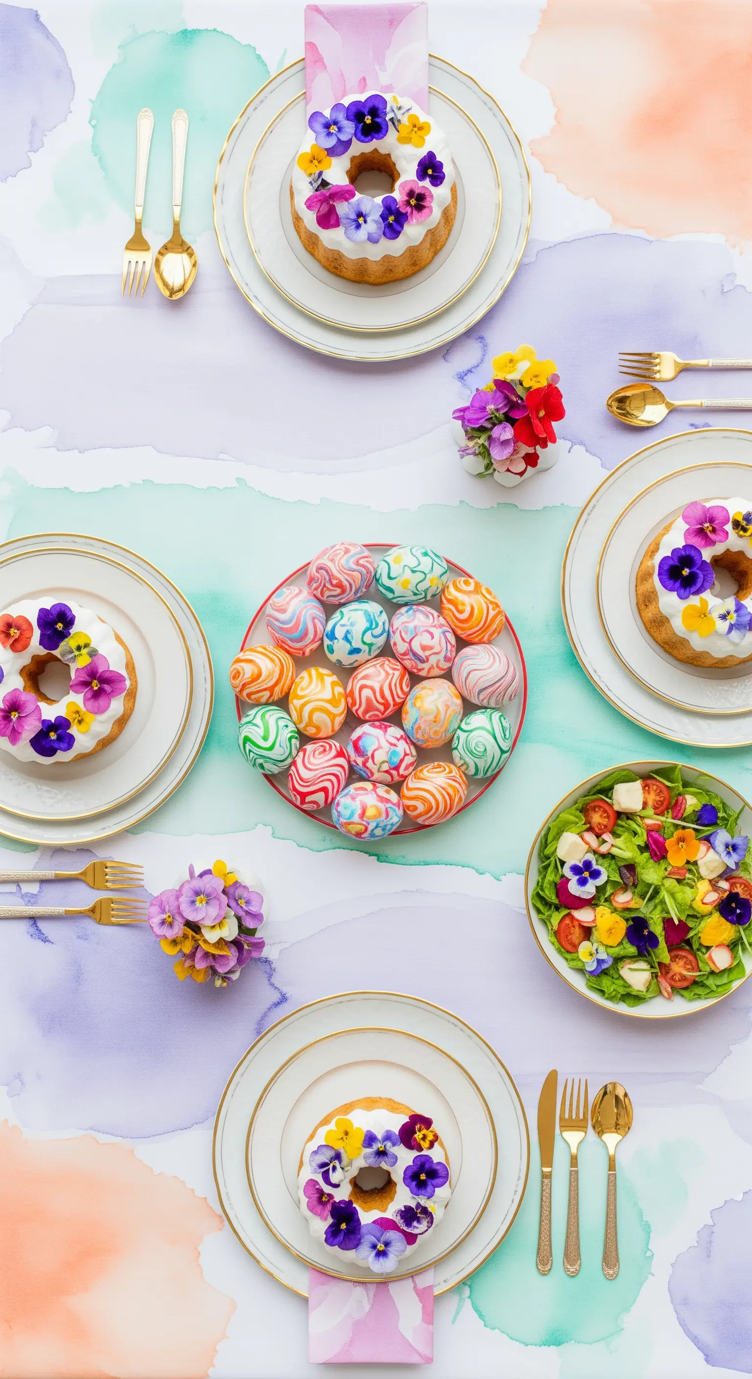 Tavola da picnic dall'alto con tovaglia acquerello, torte con fiori e uova marmorizzate.